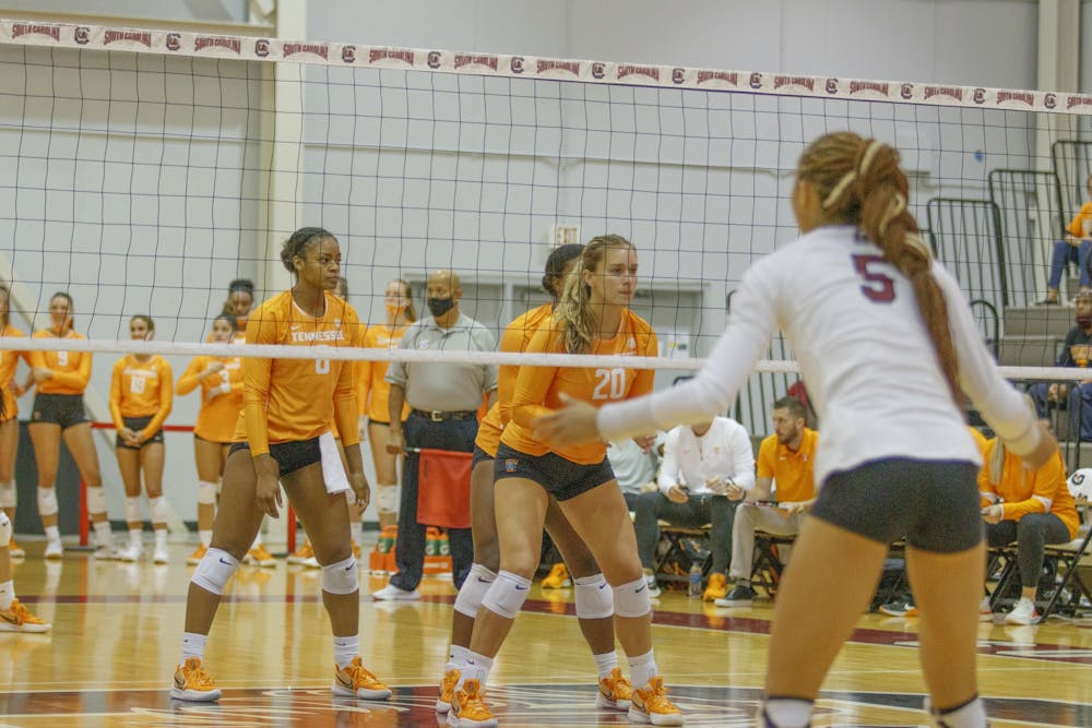 <p>Graduate student outside hitter Kyla Manning on the front lines waiting for a serve during one of the South Carolina versus Tennessee volleyball games last weekend.</p>