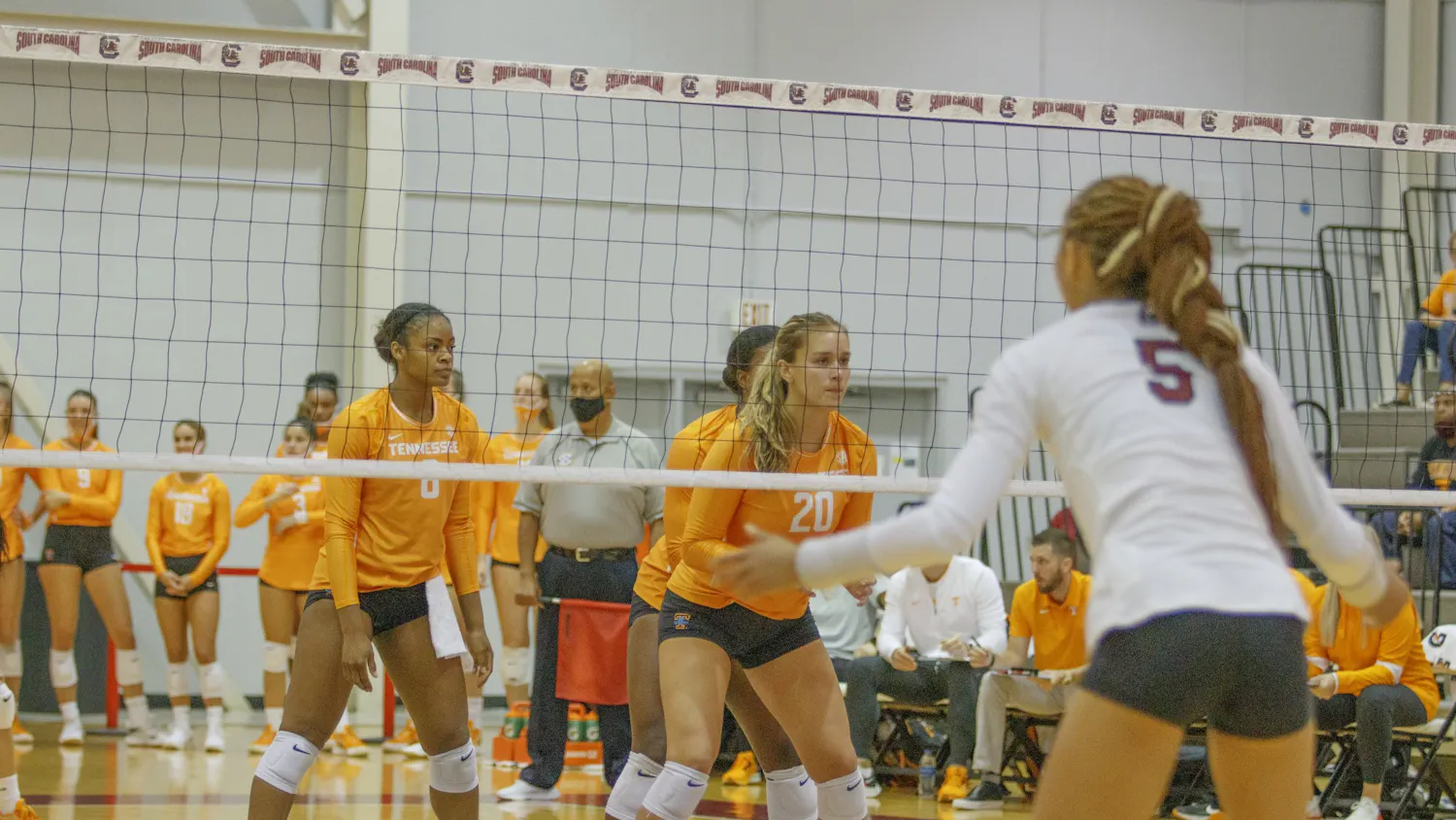 Graduate student outside hitter Kyla Manning on the front lines waiting for a serve during one of the South Carolina versus Tennessee volleyball games last weekend.