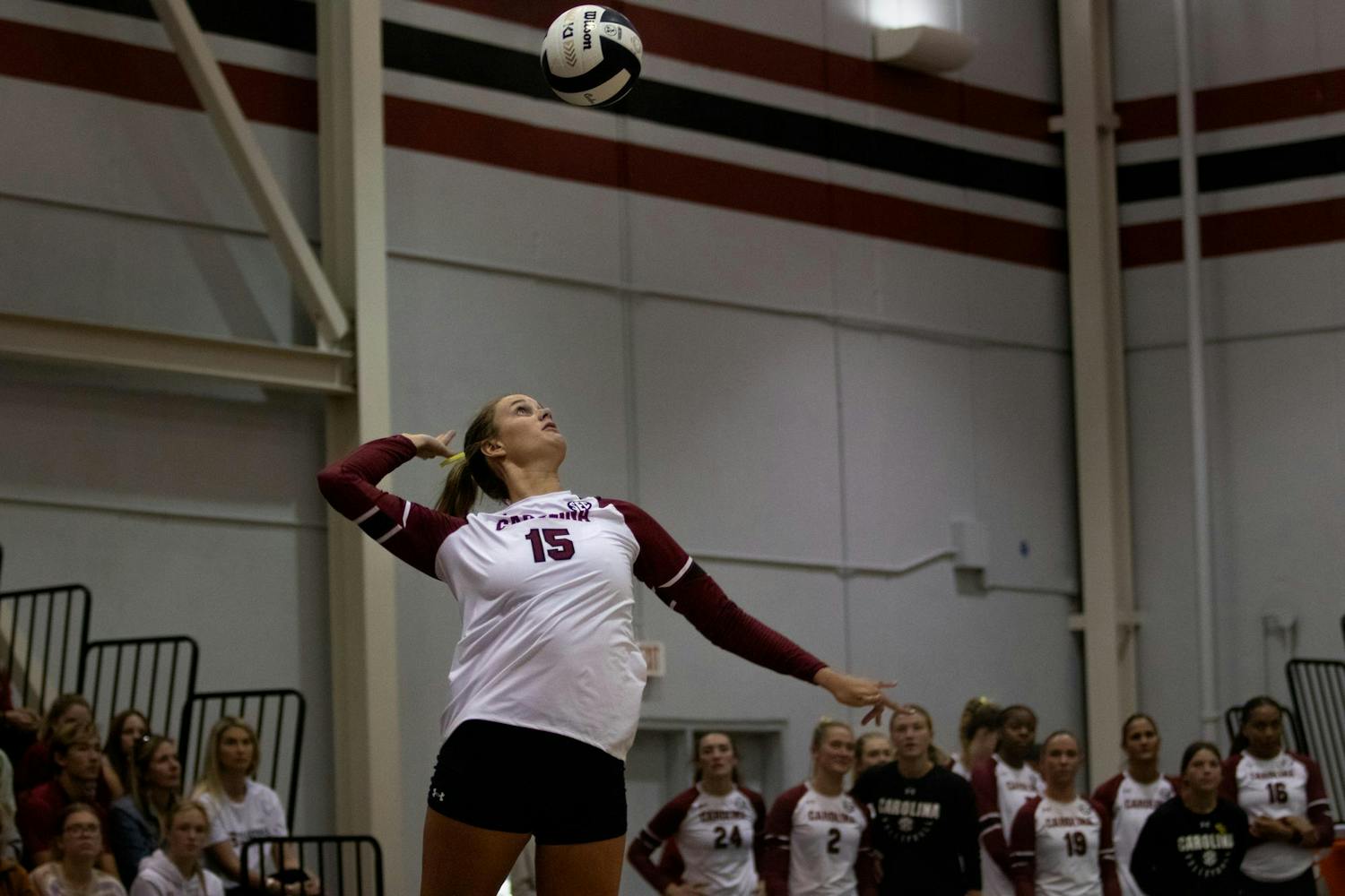 Junior setter Claire Wilson serves the ball to initiate a point at the Carolina Volleyball Center on Oct. 8, 2023. The Gamecocks fell to the Tigers 3-2 in a five set match.