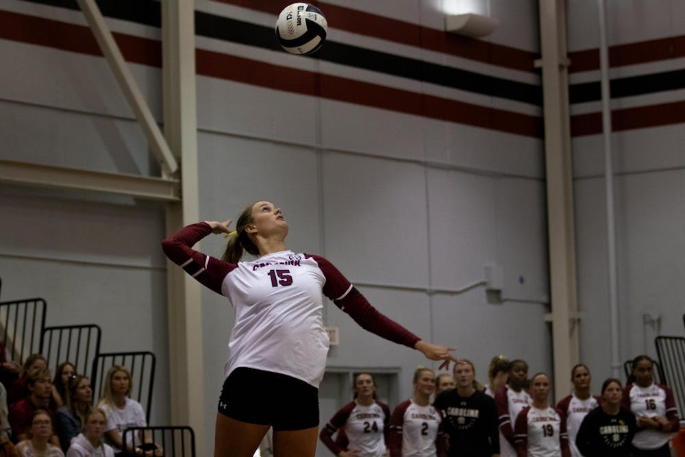 <p>Junior setter Claire Wilson serves the ball to initiate a point at the Carolina Volleyball Center on Oct. 8, 2023. The Gamecocks fell to the Tigers 3-2 in a five set match.</p>