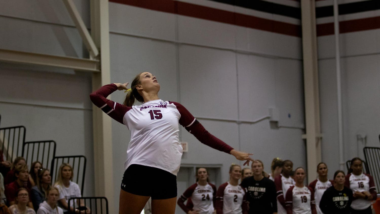 Junior setter Claire Wilson serves the ball to initiate a point at the Carolina Volleyball Center on Oct. 8, 2023. The Gamecocks fell to the Tigers 3-2 in a five set match.