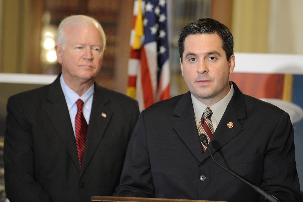 Representative Devin Nunes (R-CA) speaks during a press conference to introduce the Hubbard Act of 2008 to protect the benefits of Americans who leave the Armed Forces as "Sole Survivors" as Senator Saxby Chambliss (R-GA) looks on in Washington, D.C., on Wednesday, April 16, 2008. (Rafael Suanes/MCT)