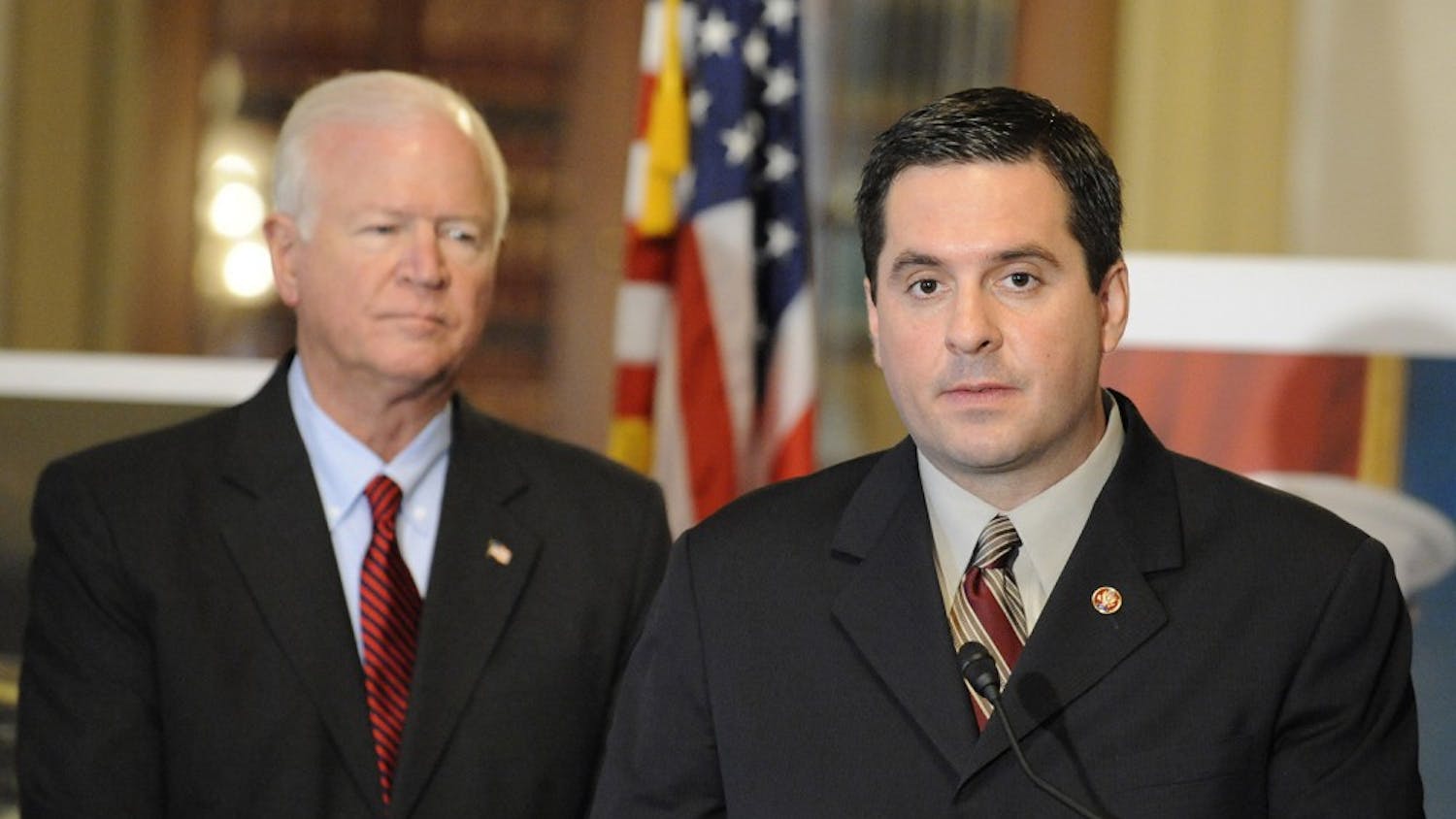 Representative Devin Nunes (R-CA) speaks during a press conference to introduce the Hubbard Act of 2008 to protect the benefits of Americans who leave the Armed Forces as "Sole Survivors" as Senator Saxby Chambliss (R-GA) looks on in Washington, D.C., on Wednesday, April 16, 2008. (Rafael Suanes/MCT)