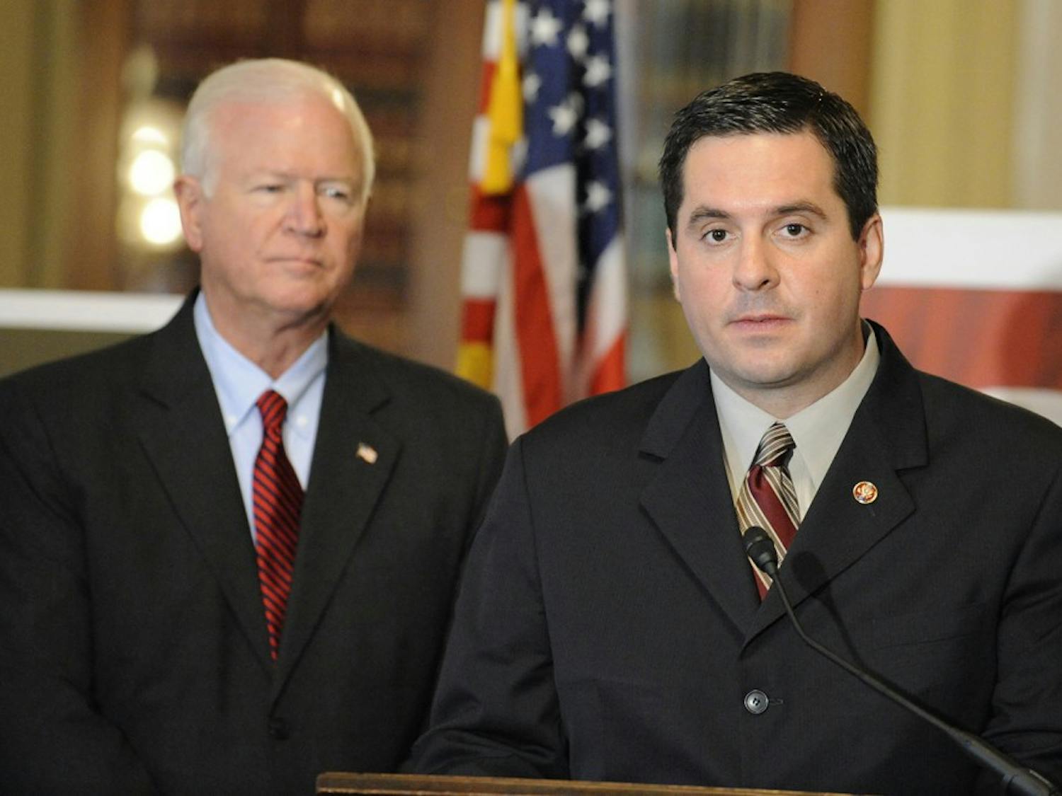 Representative Devin Nunes (R-CA) speaks during a press conference to introduce the Hubbard Act of 2008 to protect the benefits of Americans who leave the Armed Forces as "Sole Survivors" as Senator Saxby Chambliss (R-GA) looks on in Washington, D.C., on Wednesday, April 16, 2008. (Rafael Suanes/MCT)