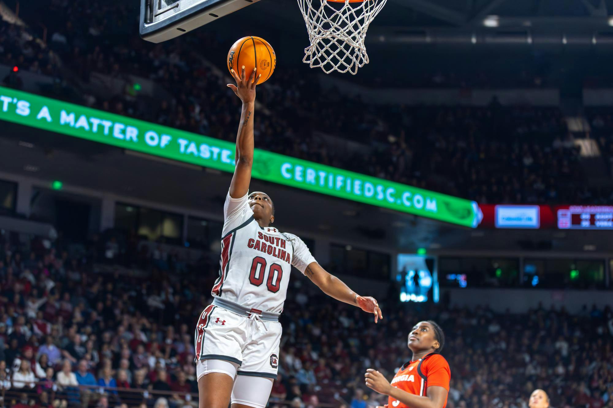 Senior guard Ta'Niya Latson performs a layup during the game against Georgia on Jan. 11, 2026. Latson transferred from Florida State University and has scored 245 points in her first season with the Gamecocks.