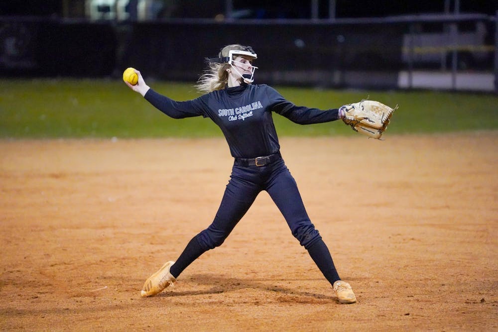 <p>Fourth-year art education student Mary Esterak pitches at Brookland Cayce High School as the Gamecocks compete in a team scrimmage on Jan. 22, 2024. Esterak leads the team with 11 hits and has a batting average of .367.</p>