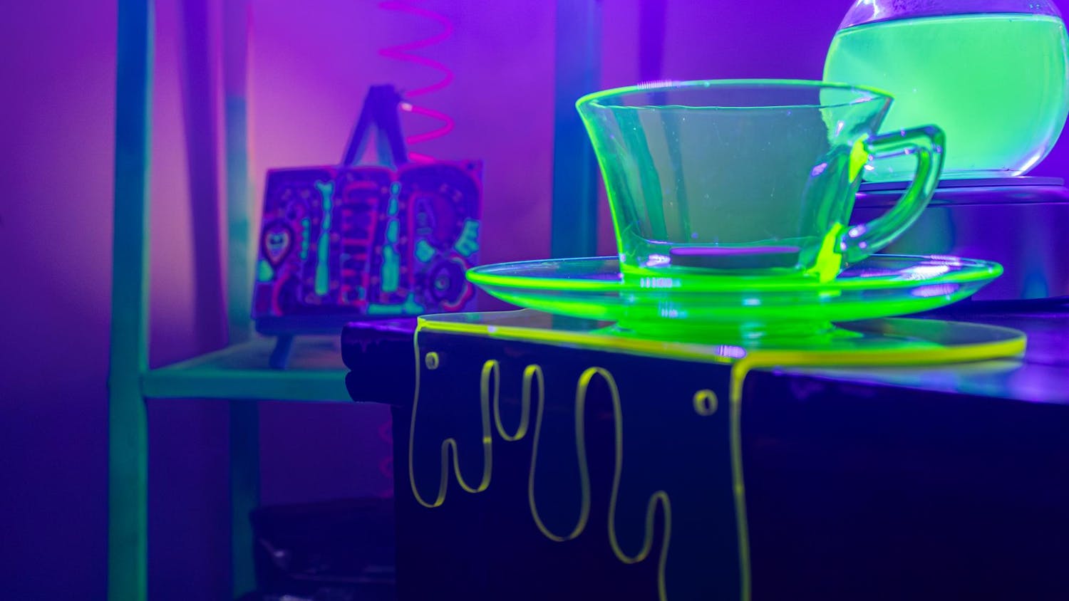 Jackie Bobo presented her Happy Spooky Soirée, an immersive art installation, at the Taylor Street Garage Studio on Feb. 5, 2026. The room was full of fun props and furniture such as this oozing teacup.