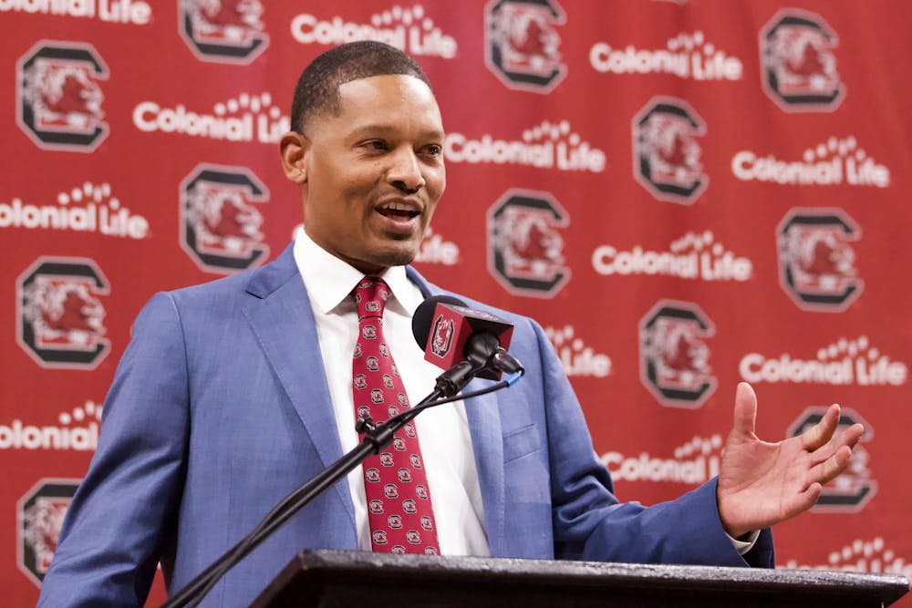 <p>FILE—South Carolina men’s basketball coach Lamont Paris speaks during his introductory press conference on March 24, 2022 at the Colonial Life Arena.&nbsp;</p>