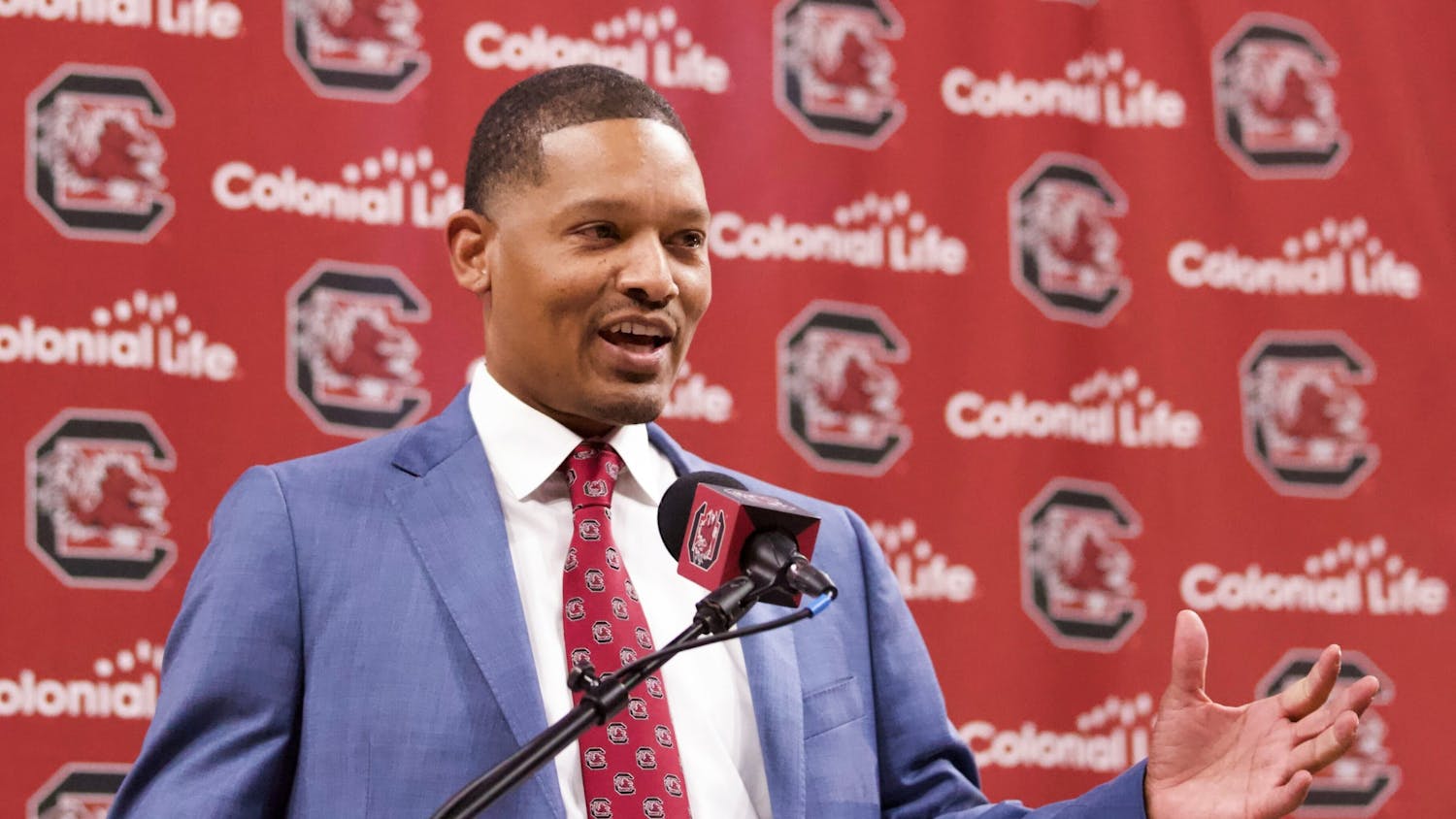 FILE—South Carolina men’s basketball coach Lamont Paris speaks during his introductory press conference on March 24, 2022 at the Colonial Life Arena.&nbsp;