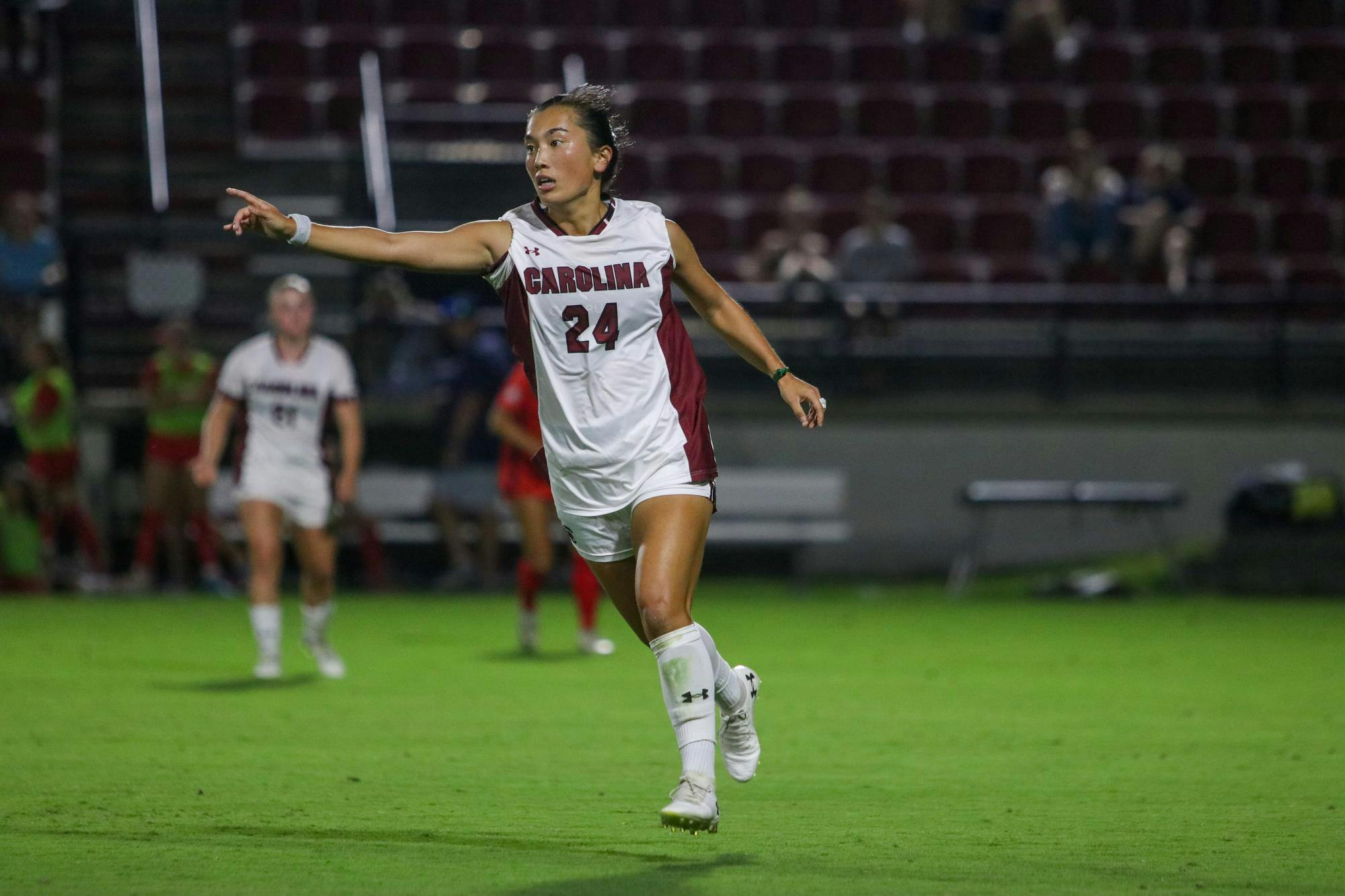 Graduate student midfielder Anna Young communicates with teammates during a match against Ole Miss at Stone Stadium on Sept. 18, 2025. The Gamecocks defeated the Rebels 4-0.