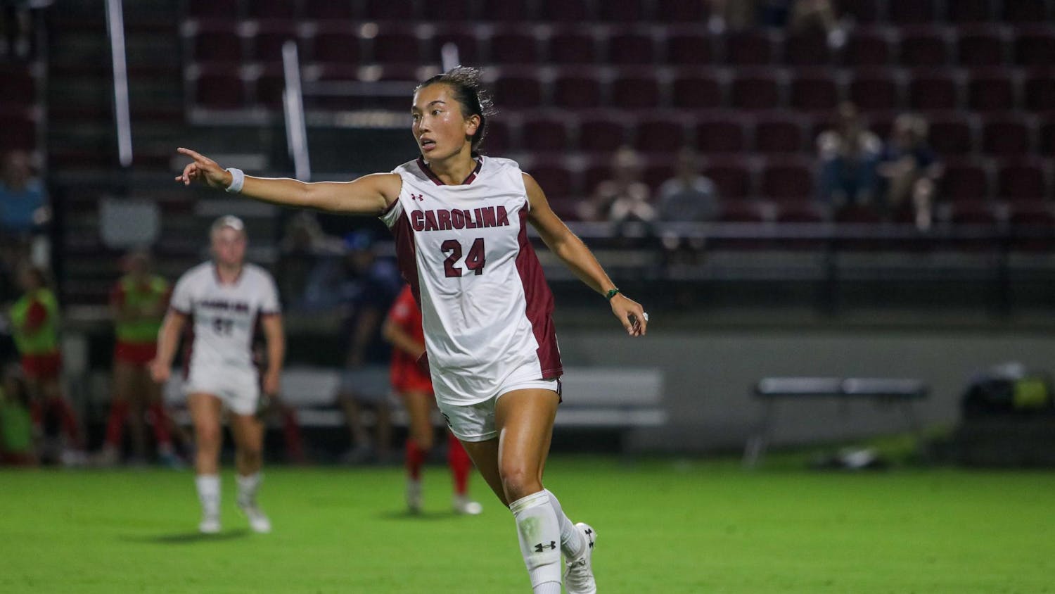 Graduate student midfielder Anna Young communicates with teammates during a match against Ole Miss at Stone Stadium on Sept. 18, 2025. The Gamecocks defeated the Rebels 4-0.
