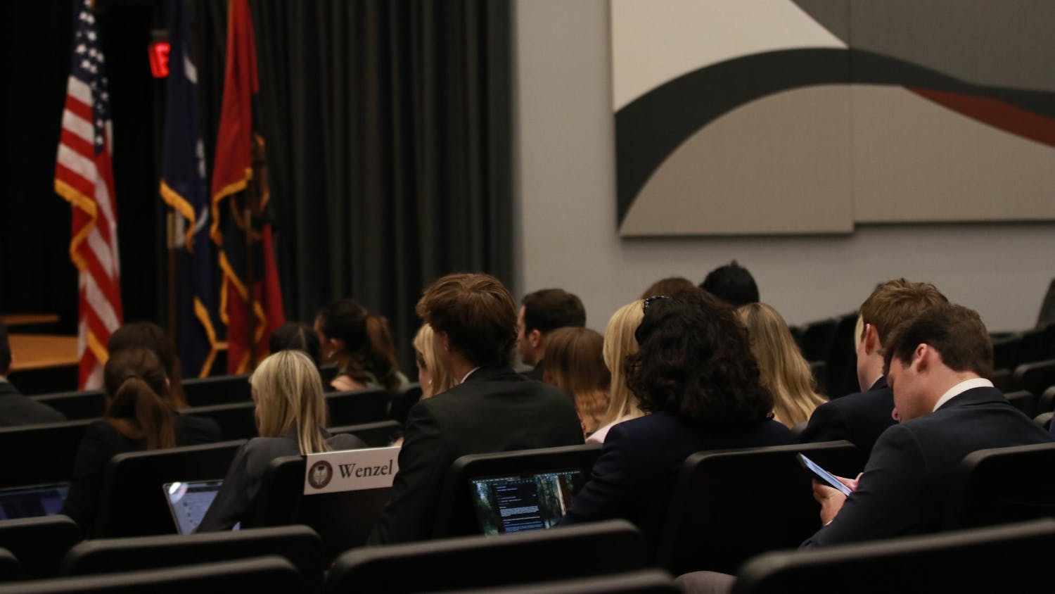 Members of the University of South Carolina senate body gathers in the Russell House Theater on Feb. 26, 2025. They prepared for a long session of legislation discussion and debate.