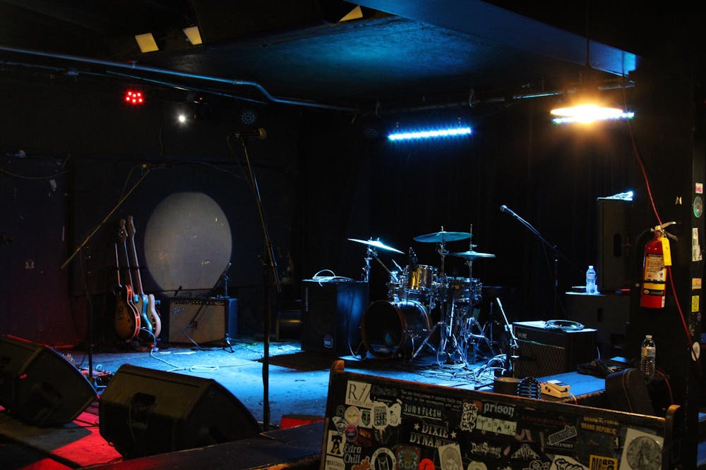 <p>A drum set sits on the stage on the inside of New Brookland Tavern on Sept. 4, 2023. New Brookland Tavern is a popular music venue in West Columbia.</p>