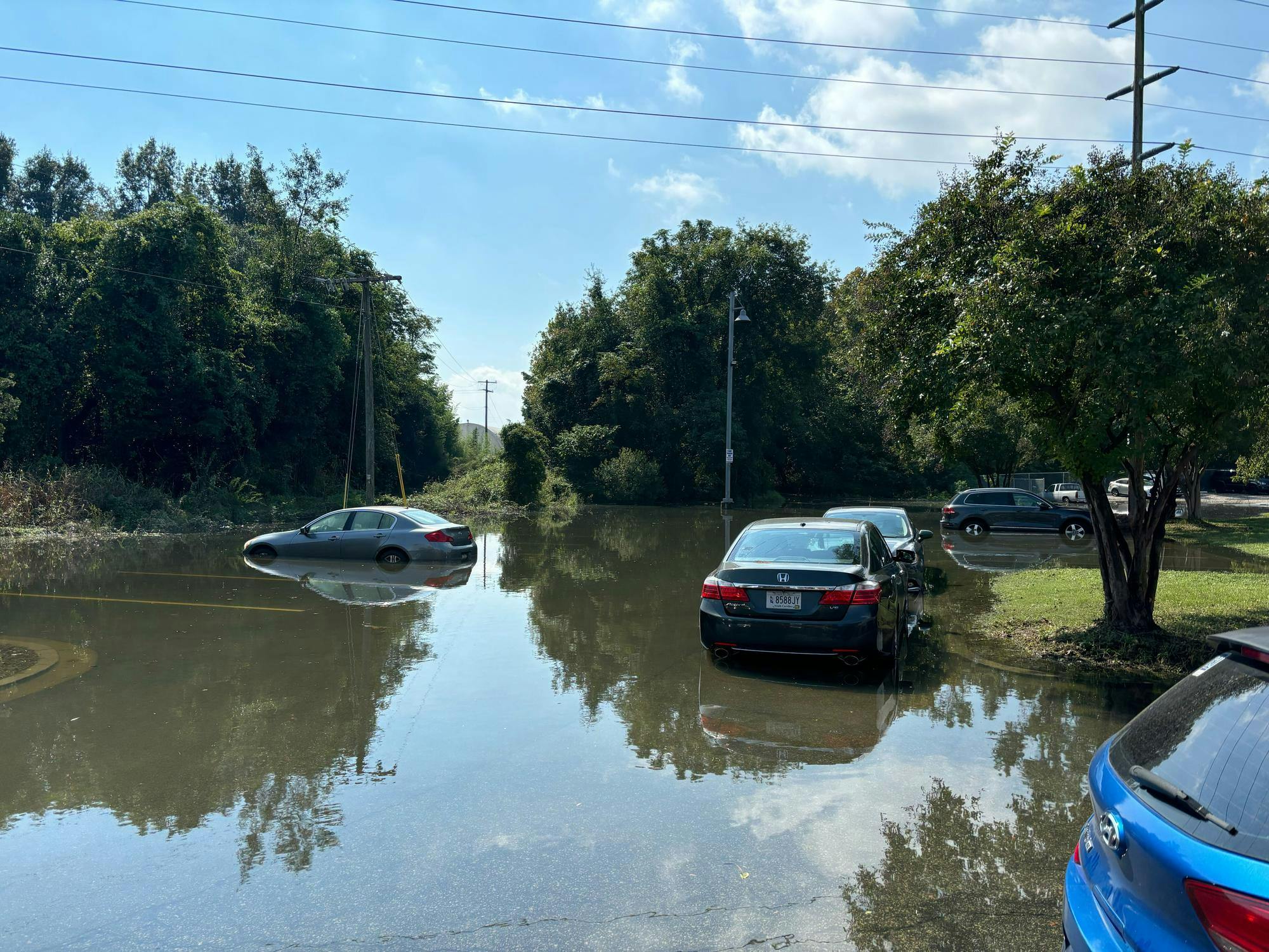 A parking lot with cars underwater on a sunny day with trees around it