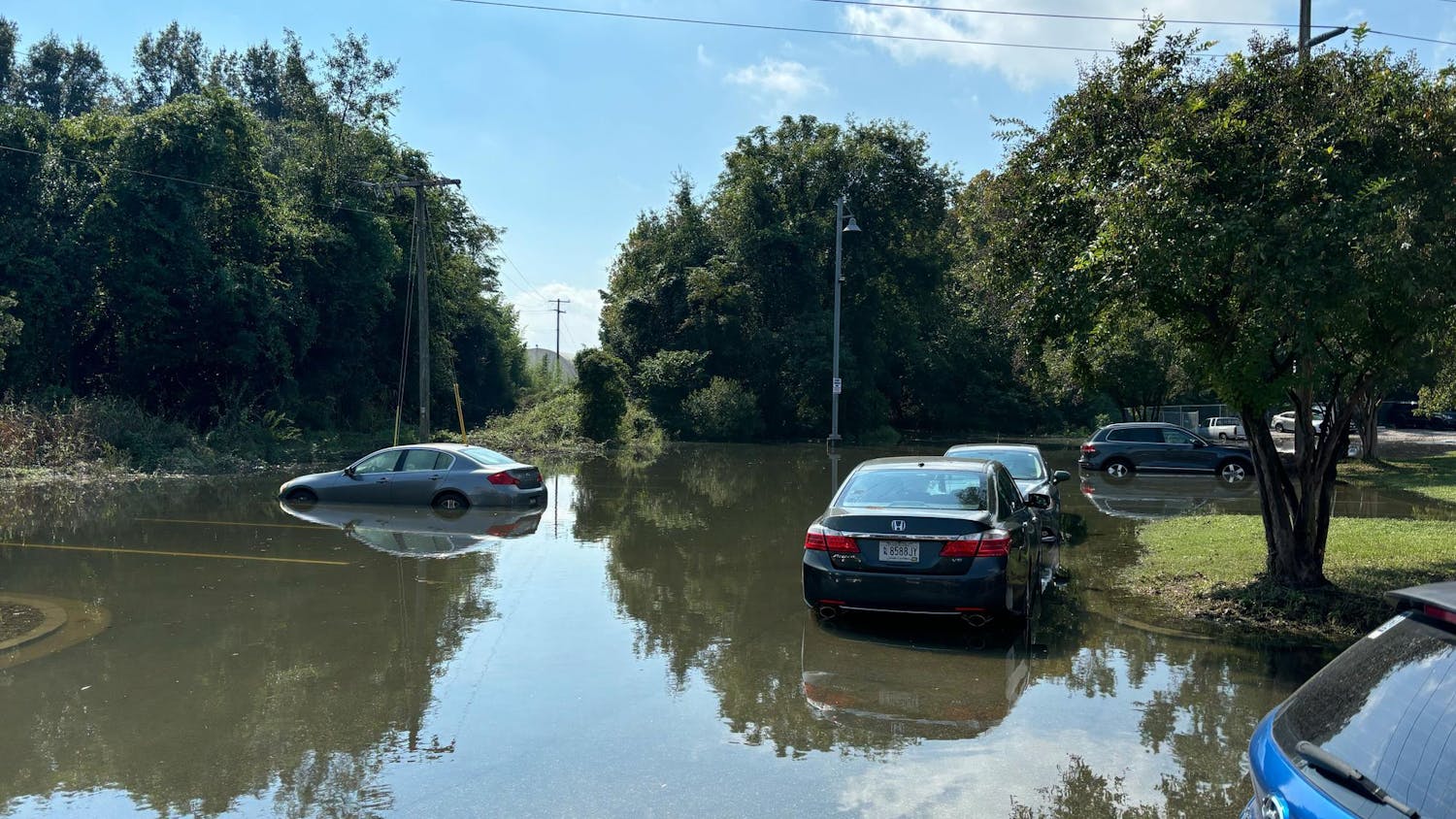 The outside of the Olympia Mills parking lot with water on Sept. 30, 2024. The Congaree River began to rise after Hurricane Helene, causing flooding in the parking lot.