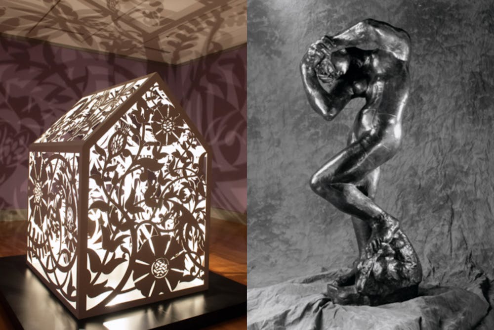"This is NOT a Refuge!" (left) by artist Anila Quayyum Agha and "Meditation (with Arms)" (right) by artist Auguste Rodin on display. The "Rodin: Contemplation and Dreams" exhibit and the "Anila Quayyum Agha: Let A Million Flowers Bloom" exhibit can be viewed at the Columbia Museum of Art until May 2022.