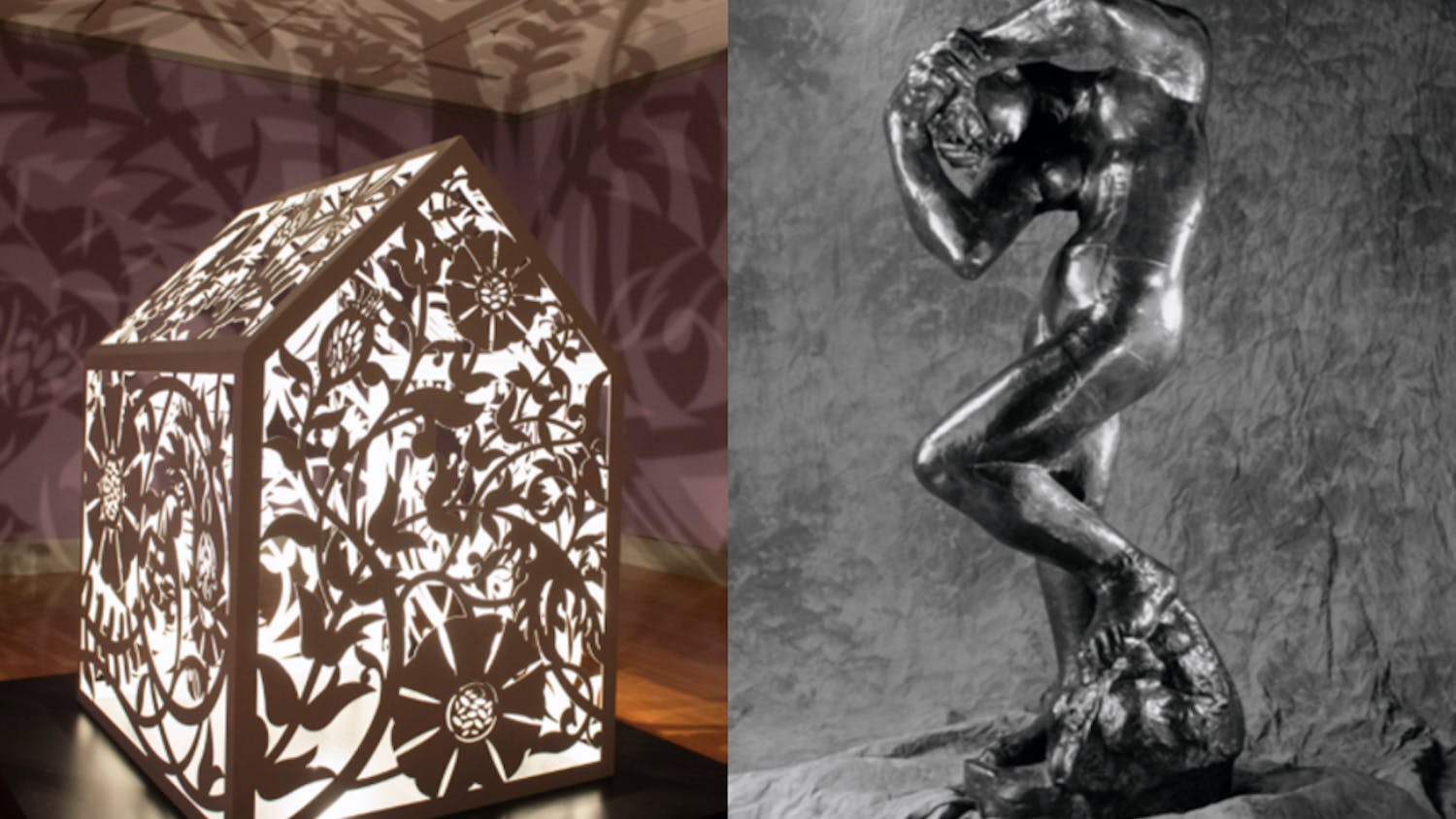"This is NOT a Refuge!" (left) by artist Anila Quayyum Agha and "Meditation (with Arms)" (right) by artist Auguste Rodin on display. The "Rodin: Contemplation and Dreams" exhibit and the "Anila Quayyum Agha: Let A Million Flowers Bloom" exhibit can be viewed at the Columbia Museum of Art until May 2022.