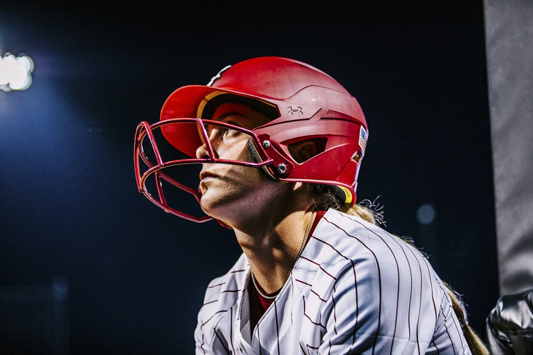 Junior infielder Riley Blampied listens as her coach prepares her for her next at-bat during the South Carolina vs. College of Charleston game at Carolina Softball Stadium at Beckham Field on February 15, 2023. The Gamecocks beat the Cougars 8-0.&nbsp;