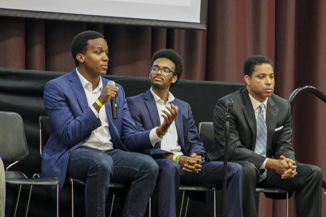 Wilfredo Anderson, a senior consultant at Ernst &amp; Young LLP, takes questions from the audience during the Alpha Kappa Psi "Being Black in the Workspace" event in the Russell House Ballroom on Feb. 20, 2023. Anderson received his Bachelor of Business Administration from USC's Darla Moore School of Business.