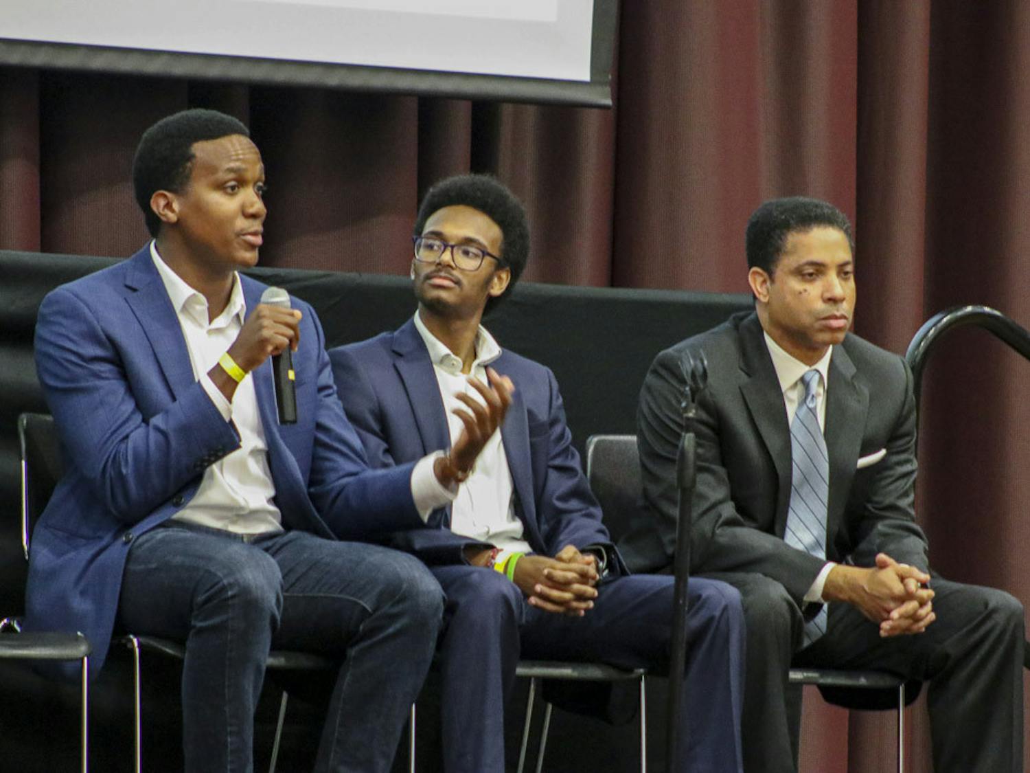 Wilfredo Anderson, a senior consultant at Ernst &amp; Young LLP, takes questions from the audience during the Alpha Kappa Psi "Being Black in the Workspace" event in the Russell House Ballroom on Feb. 20, 2023. Anderson received his Bachelor of Business Administration from USC's Darla Moore School of Business.