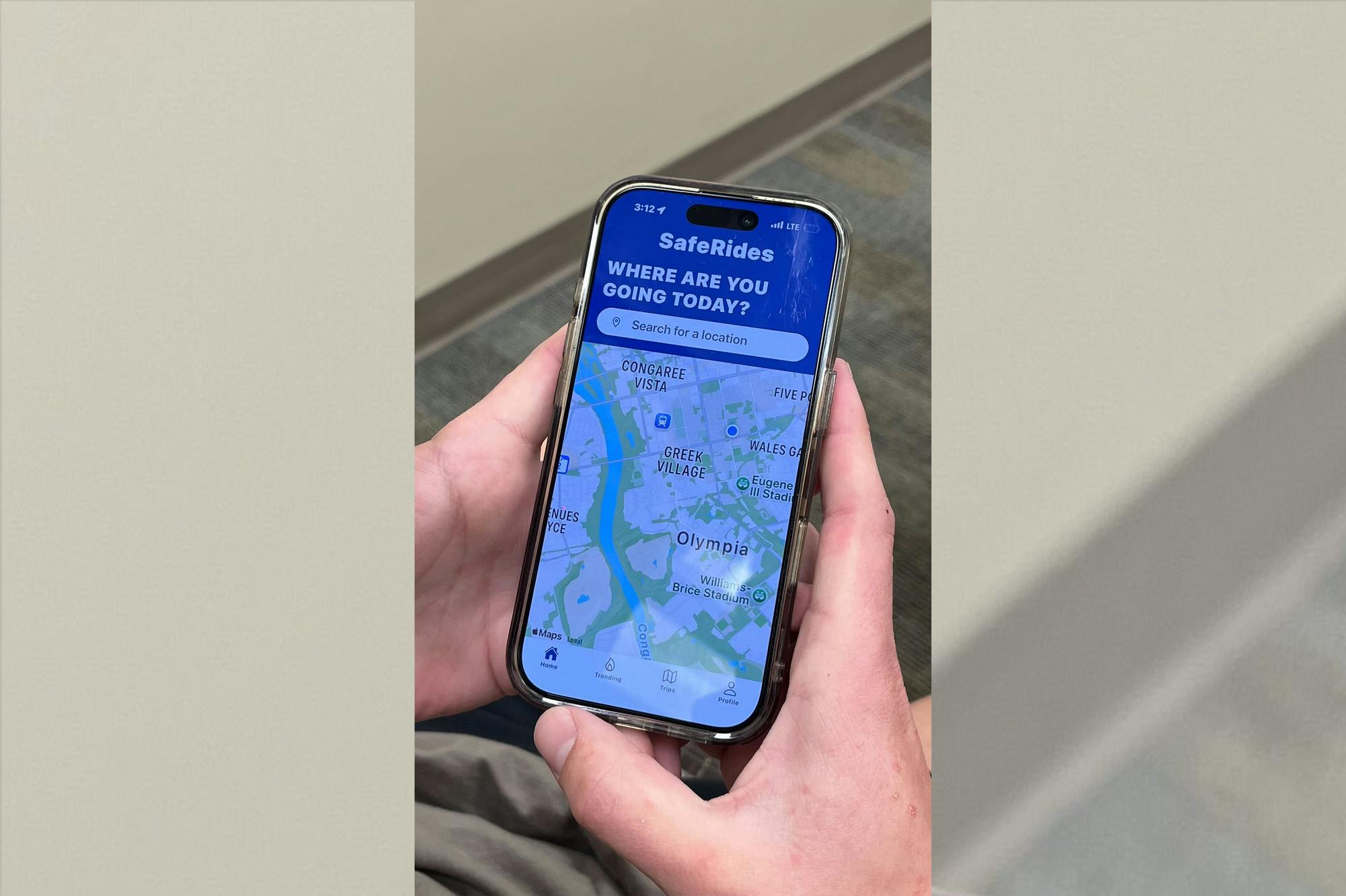 For requesting a ride, students can enter their current location and where they would like to go through the SafeRides Rider app. Once requested, the app will show the total for the trip.