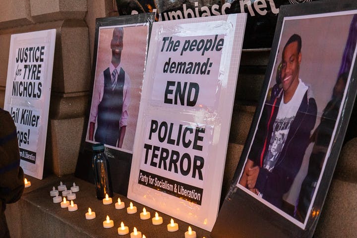Protest posters and portraits of Tyre Nichols line the outside of Columbia Town Hall on Feb. 5, 2023. The South Carolina branch of the Party for Socialism and Liberation hosted the event, making it the first in Columbia to honor Tyre Nichols.