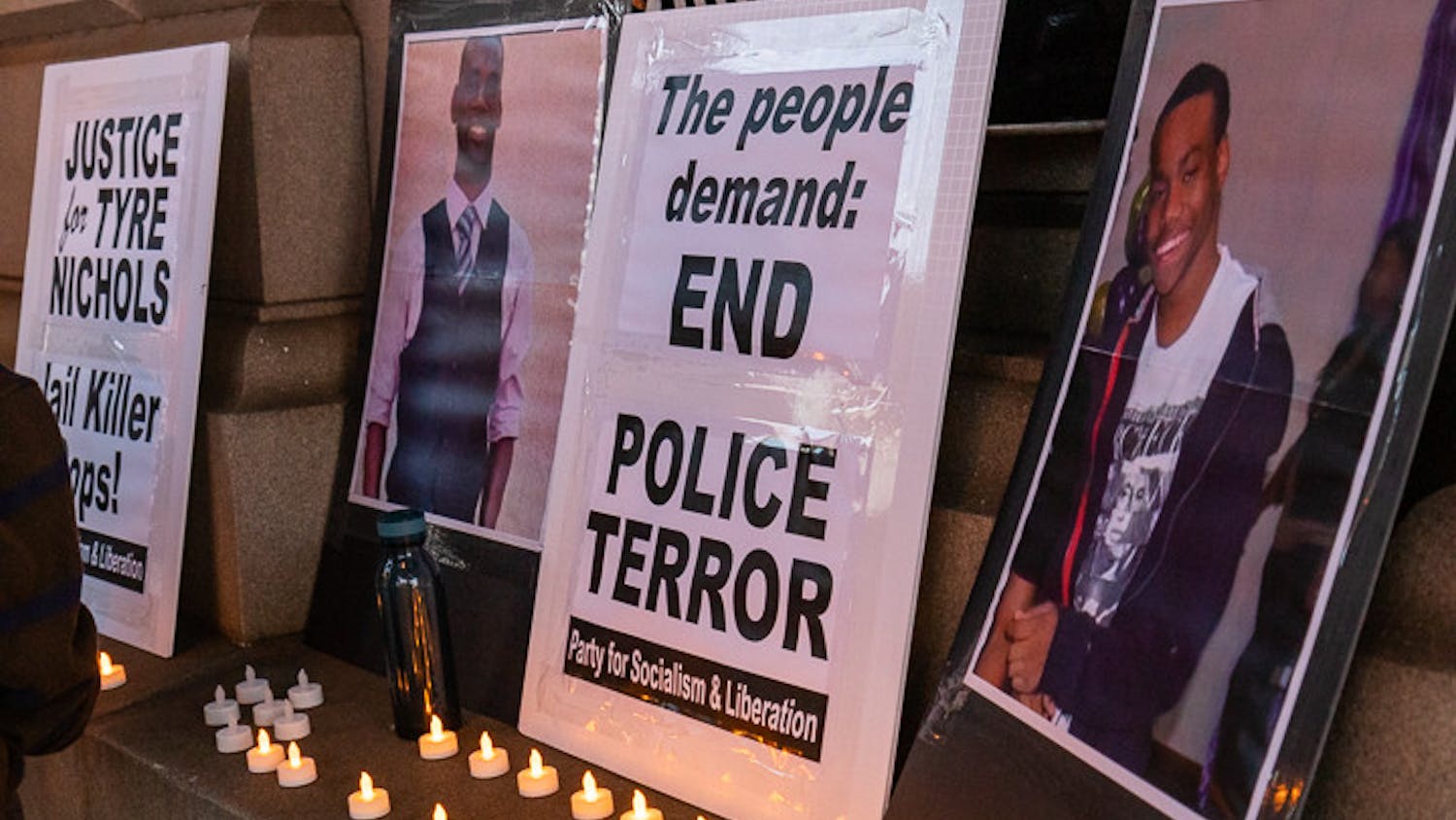 Protest posters and portraits of Tyre Nichols line the outside of Columbia Town Hall on Feb. 5, 2023. The South Carolina branch of the Party for Socialism and Liberation hosted the event, making it the first in Columbia to honor Tyre Nichols.
