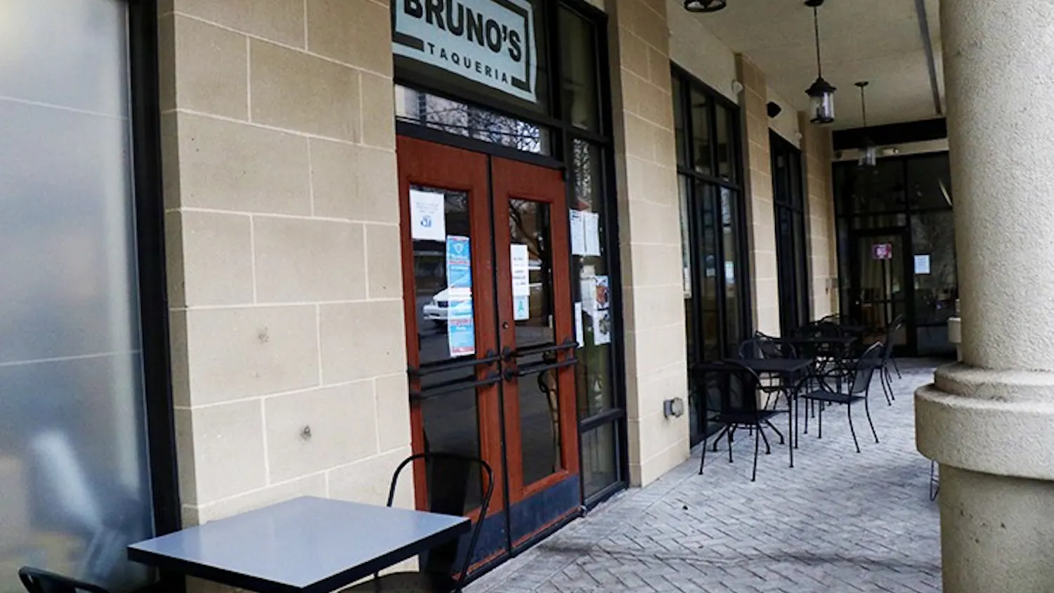 Tables and chairs are arranged in front of Bruno’s Taqueria on Main Street, a new family-owned restaurant that specializes in tacos and other authentic Mexican classics. 