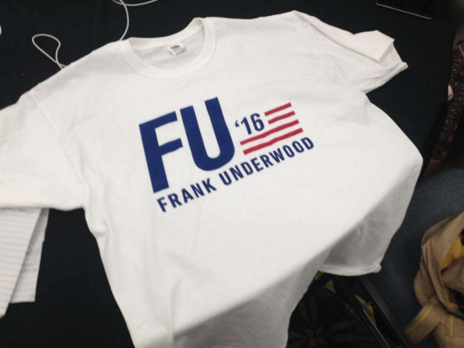 A t-shirt being distributed at the Democratic National Convention advertises the television show 'House of Cards,' whose main character Frank Underwood is a politician from South Carolina who, through blackmail, violence and cunning, becomes president of the United States. The shirts were being given away for free in Philadelphia on July 28, 2016.