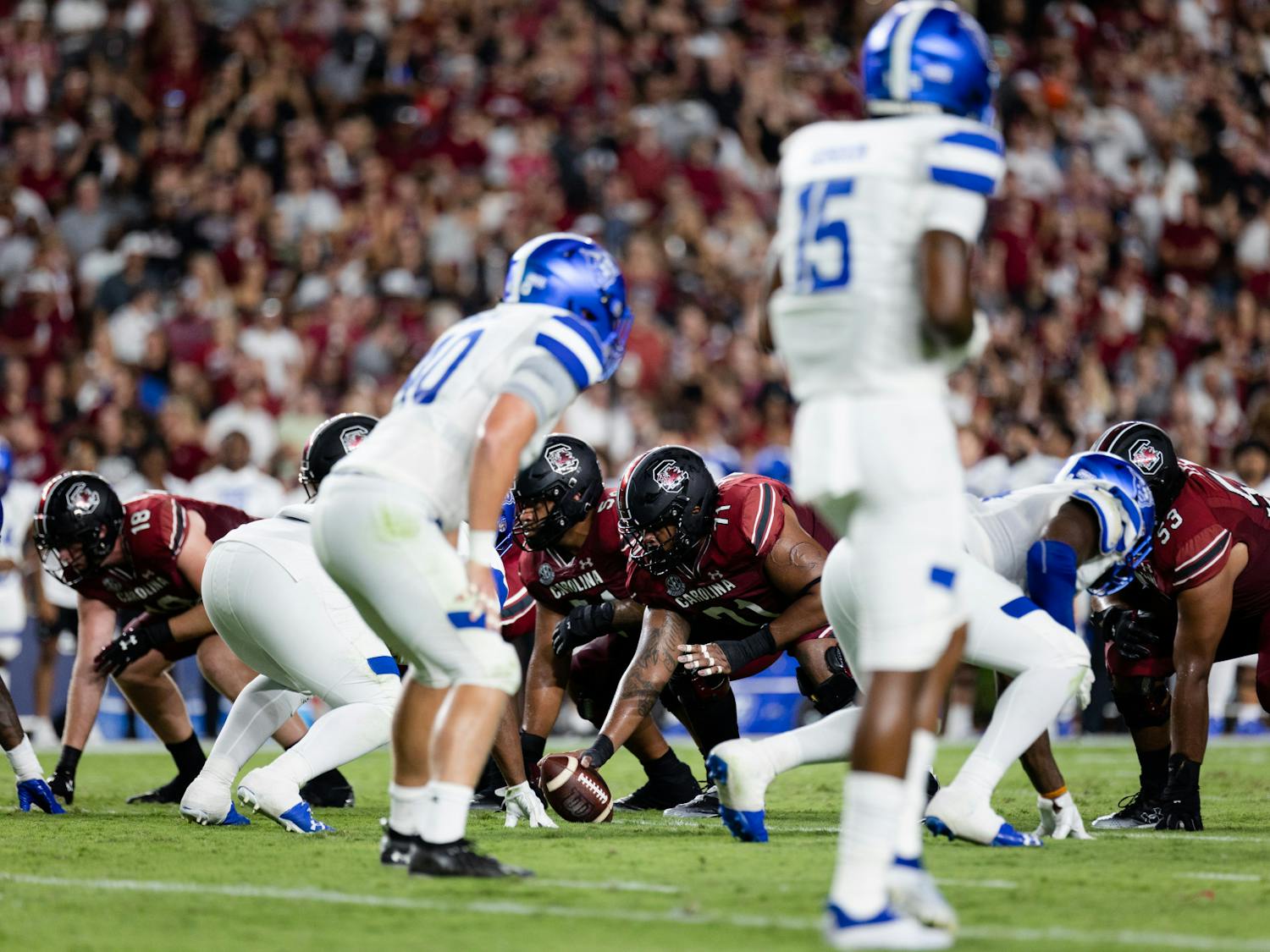 The defensive line gets into position against Georgia State on Sept. 3, 2022. The Gamecocks won 35-14.&nbsp;