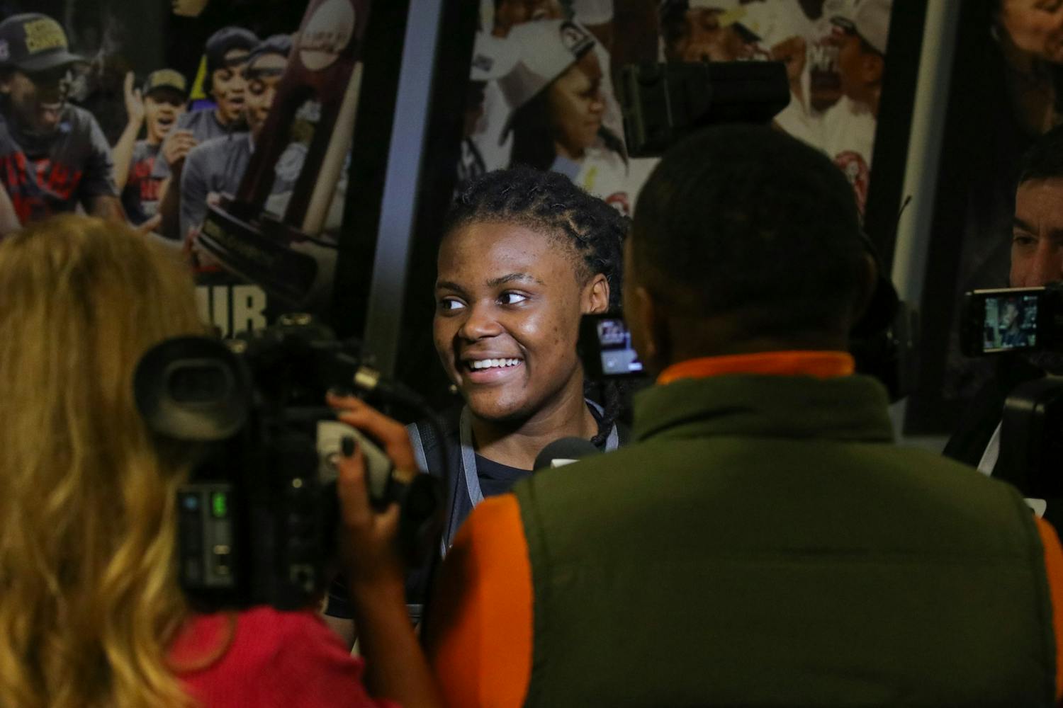 FILE — Freshman guard MiLaysia Fulwiley talks with reporters after the open practice on Oct. 31, 2023. Fulwiley said she was excited to play her first college basketball game after signing with South Carolina as the No. 13 recruit in the class of 2023.