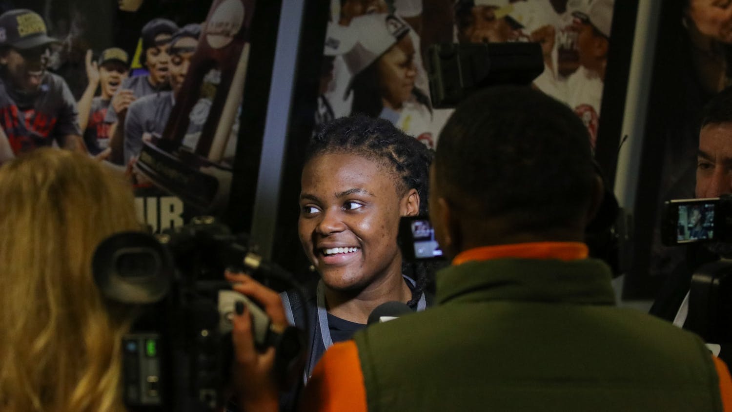 FILE — Freshman guard MiLaysia Fulwiley talks with reporters after the open practice on Oct. 31, 2023. Fulwiley said she was excited to play her first college basketball game after signing with South Carolina as the No. 13 recruit in the class of 2023.