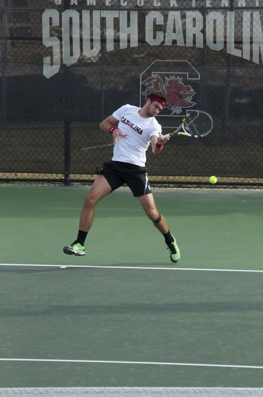 	<p>Sophomore Thiago Pinheiro rallied to win his match’s second and third sets to help the Gamecocks advance to the second round of the <span class="caps">SEC</span> Tournament.</p>
