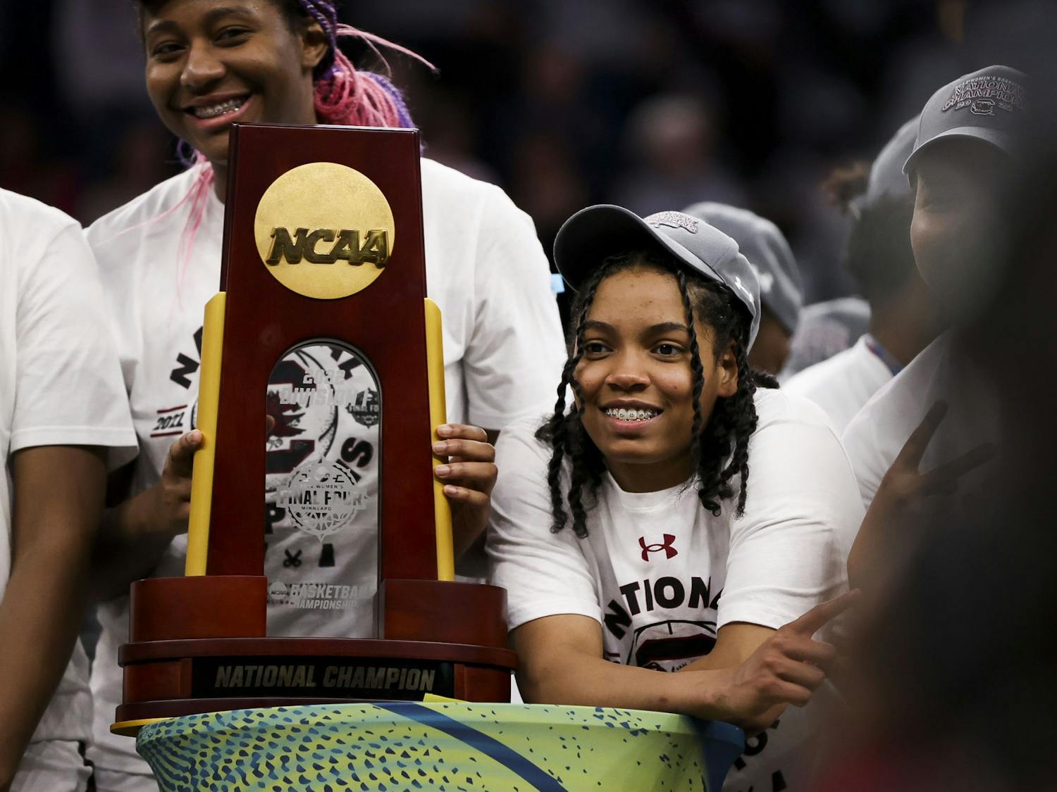 Junior guard Zia Cooke celebrates South Carolina's 64-49 victory over University of Connecticut, winning the 2022 National Championship on April 3, 2022.