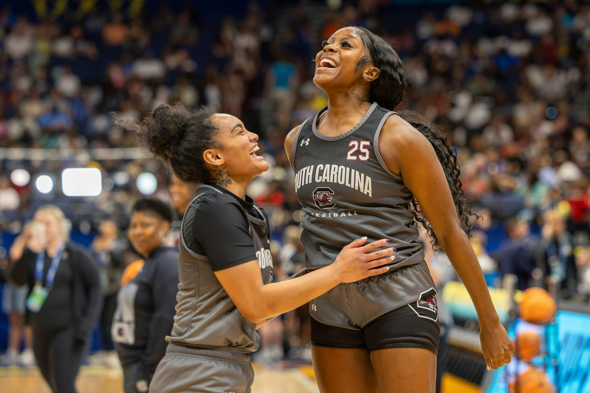 Senior guard Te-Hina Paopao (left) and junior guard Raven Johnson (right) embrace each other during an open practice on April 5, 2025 at Amalie Arena. South Carolina is set to take on UConn in the National Championship game on April 6 at 3 p.m. EST.