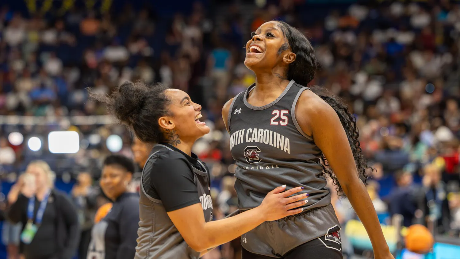 Senior guard Te-Hina Paopao (left) and junior guard Raven Johnson (right) embrace each other during an open practice on April 5, 2025 at Amalie Arena. South Carolina is set to take on UConn in the National Championship game on April 6 at 3 p.m. EST.