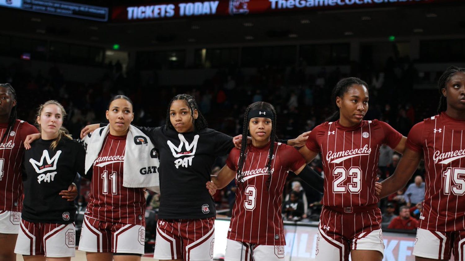 FILE—The team joins together for the playing of the Alma Mater on Jan. 24, 2022. The Carolina women's basketball team gets their 20th win this season following their victory over the Florida Gators on Jan 30, 2022.