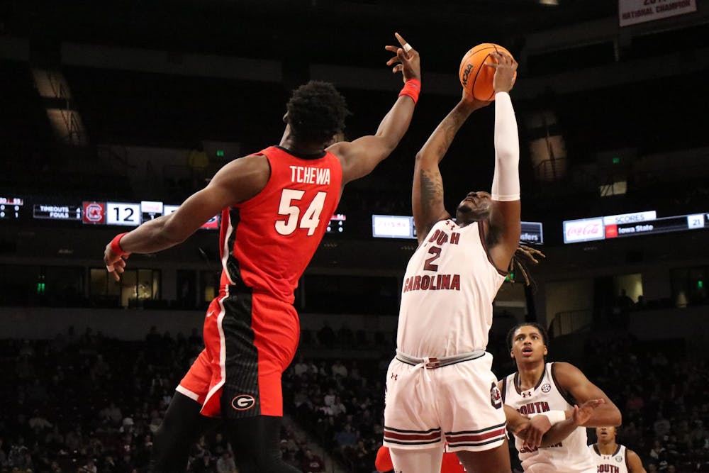 <p>Graduate student forward B.J. Mack catches a rebound during South Carolina's game against Georgia at Colonial Life Arena on Jan. 16, 2024. Mack scored 16 points and had five rebounds in the Gamecocks' 74-69 loss to the Bulldogs.</p>