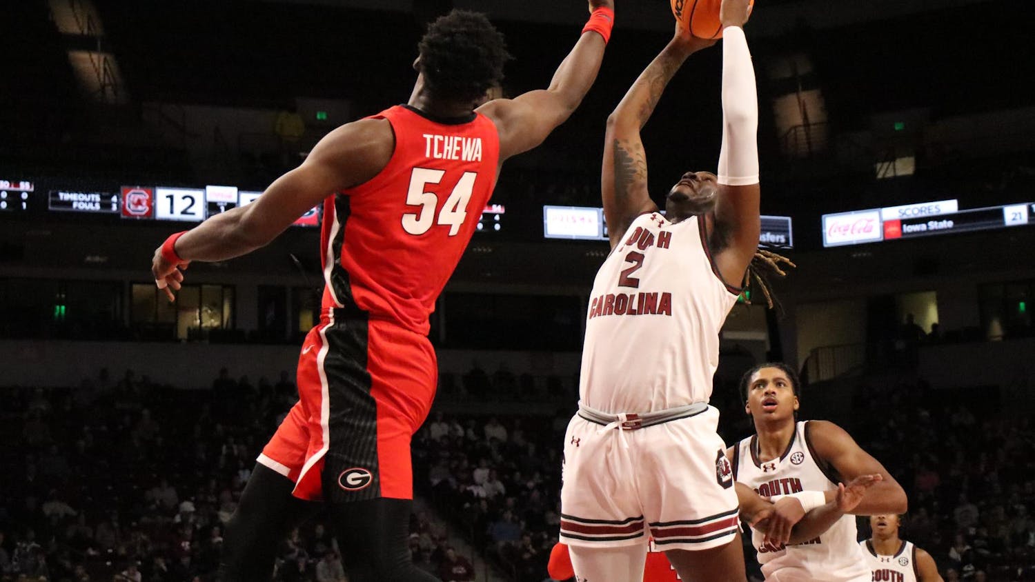 Graduate student forward B.J. Mack catches a rebound during South Carolina's game against Georgia at Colonial Life Arena on Jan. 16, 2024. Mack scored 16 points and had five rebounds in the Gamecocks' 74-69 loss to the Bulldogs.