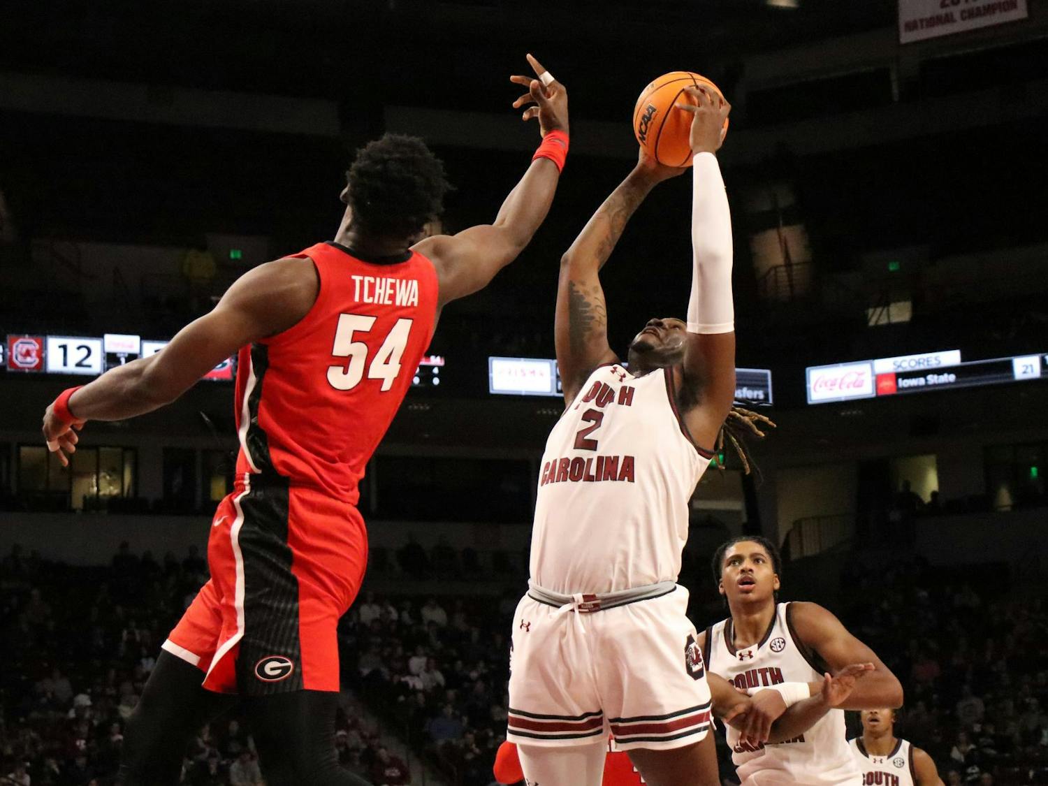 Graduate student forward B.J. Mack catches a rebound during South Carolina's game against Georgia at Colonial Life Arena on Jan. 16, 2024. Mack scored 16 points and had five rebounds in the Gamecocks' 74-69 loss to the Bulldogs.