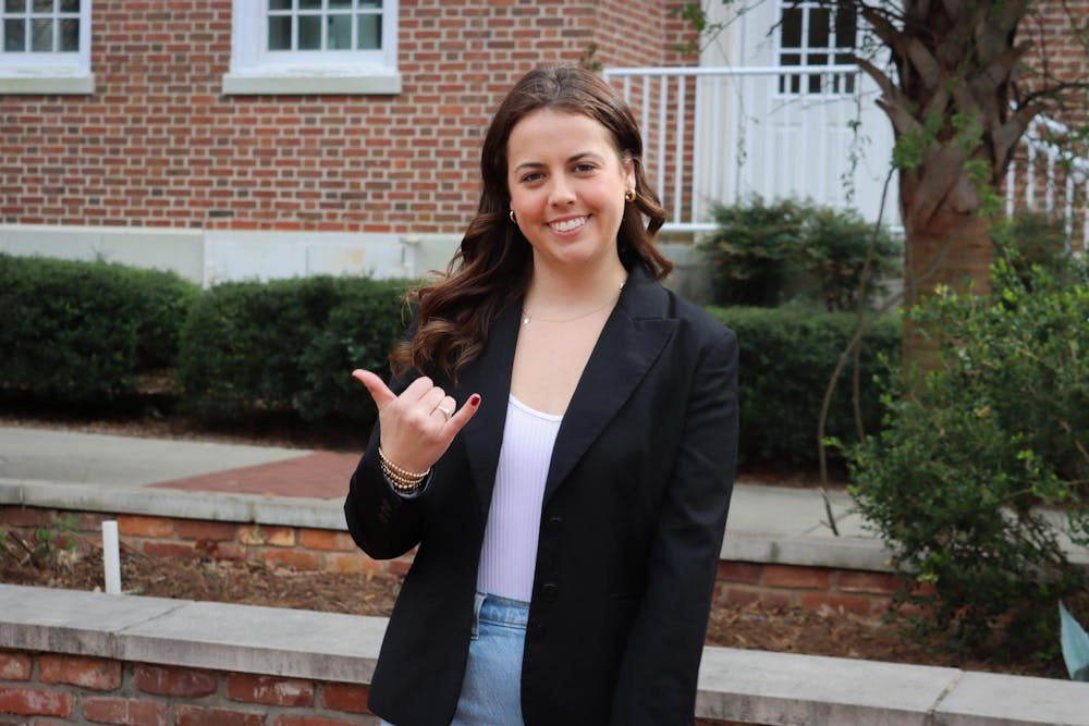 <p>A posed photo of candidate for Student Body Speaker of the Senate, Maura Hamilton, outside of the 鶹С򽴫ý school of Journalism and Mass Communications on Feb. 9, 2024. Hamilton’s campaign revolves around giving power to the students to drive change on campus.</p>