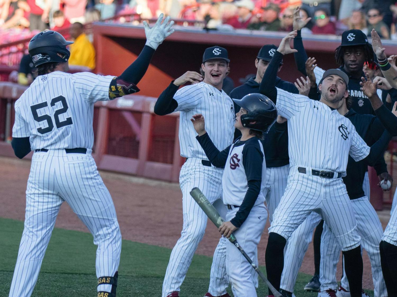 Senior infielder Gavin Casas celebrates with his teammates after hitting a home run against Texas A&M on April 6, 2024. The Gamecocks lost 6-3 to the Aggies in the matchup.