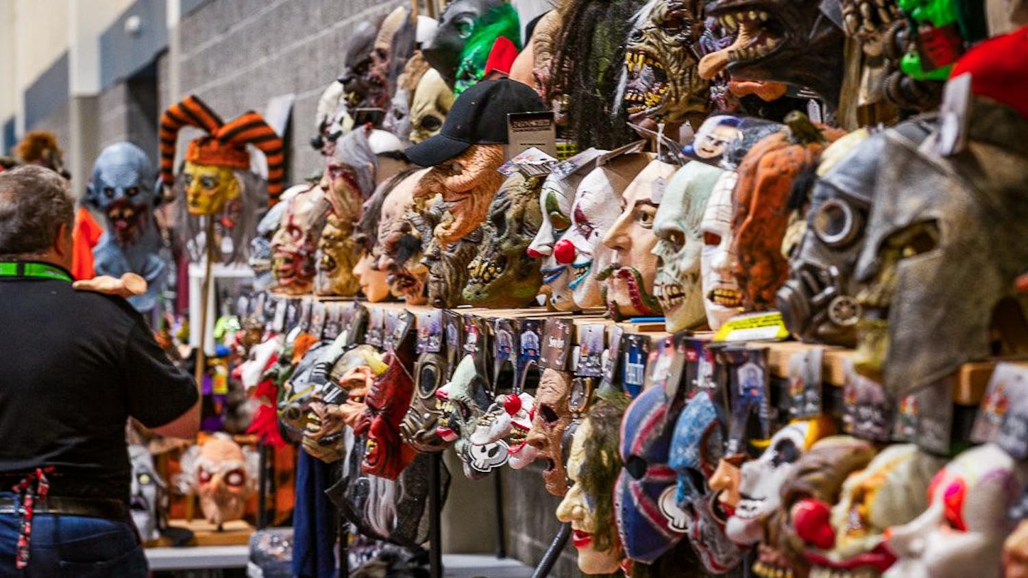 Halloween and horror masks line the wall of the vendor area at the South Carolina Horror Convention at the Columbia Metropolitan Convention Center on Sept. 16, 2023. This two day event from Sept. 16-17, 2023,  marks the first time a horror convention has taken place in the Palmetto State.