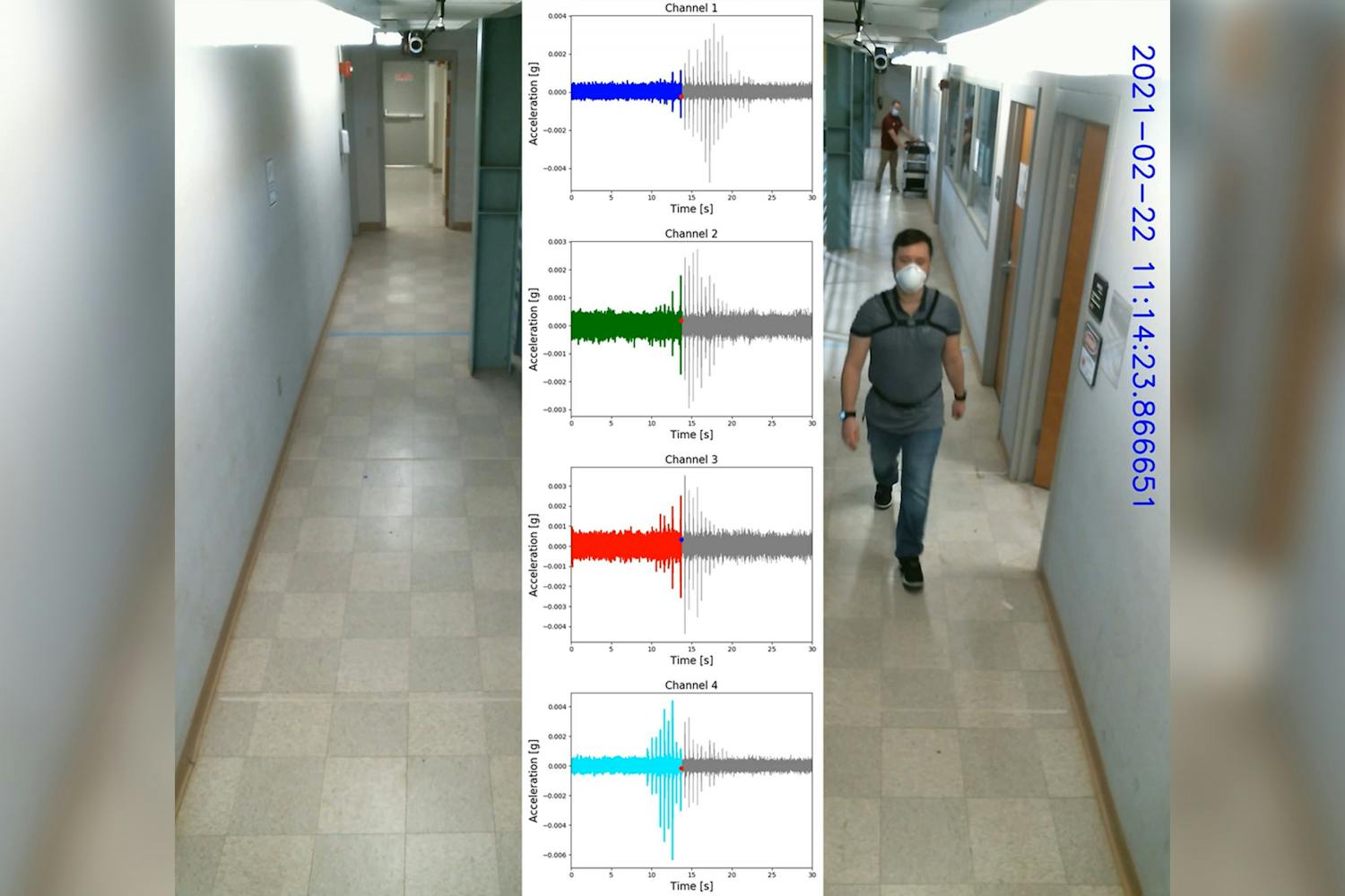 Ph.D. students Jean Franco (walking) and Garrett Hainline (background) testing floor sensors in the College of Engineering and Computing lab, with graphs illustrating the vibrations of each tester's walking patterns. The project will help clinicians care for elderly patients.&nbsp;