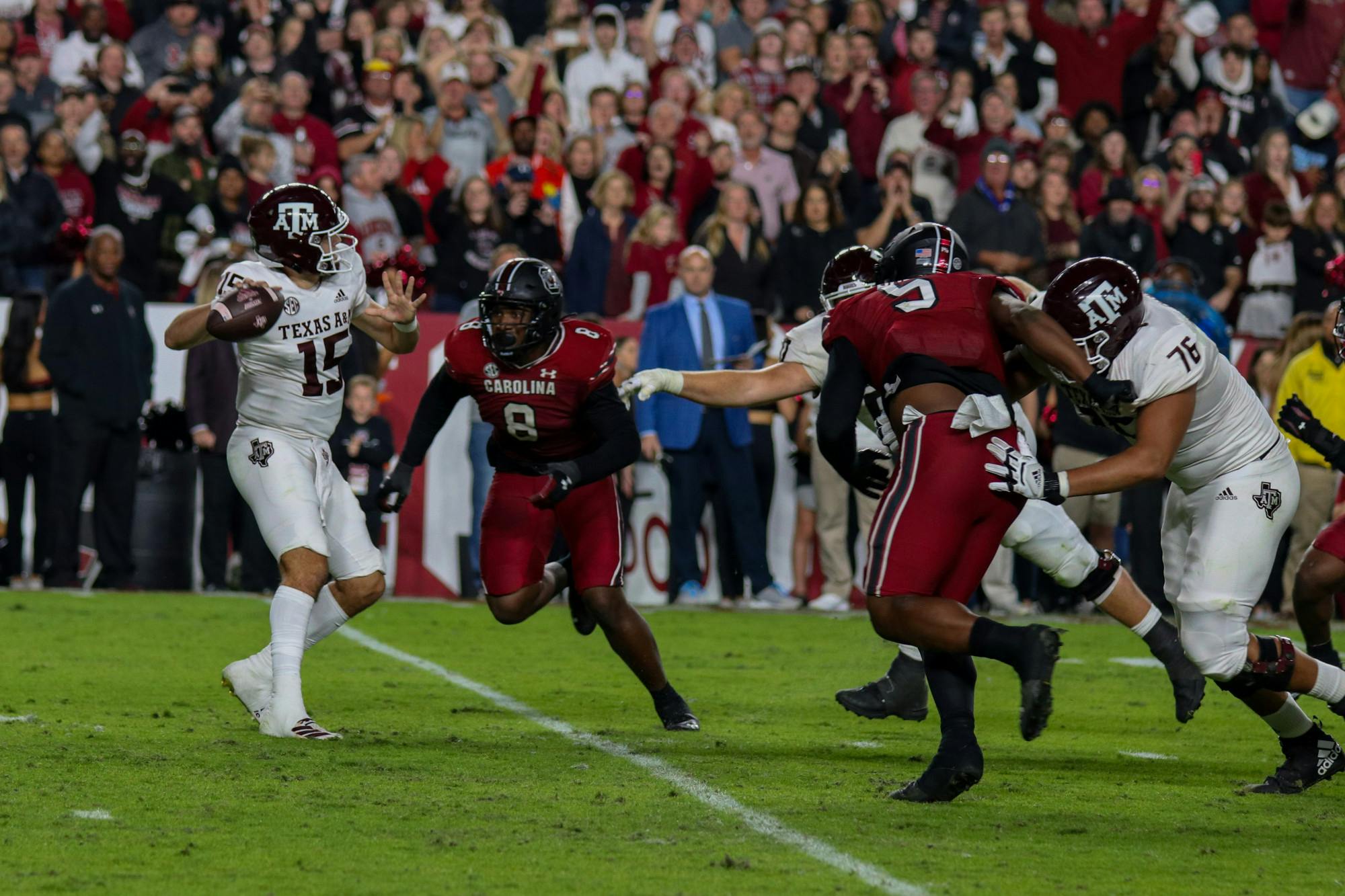 Redshirt sophomore edge Gilber Edmond rushes the quarterback for the Texas A&amp;M Aggies during the fourth quarter at Williams-Brice Stadium on Oct. 22, 2022. &nbsp;South Carolina defeated Texas A&amp;M 30-24.