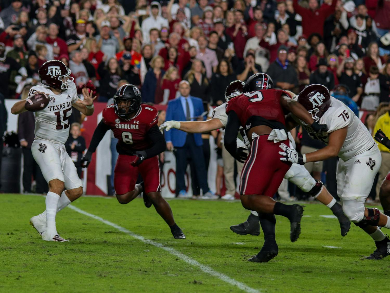 Redshirt sophomore edge Gilber Edmond rushes the quarterback for the Texas A&amp;M Aggies during the fourth quarter at Williams-Brice Stadium on Oct. 22, 2022. &nbsp;South Carolina defeated Texas A&amp;M 30-24.