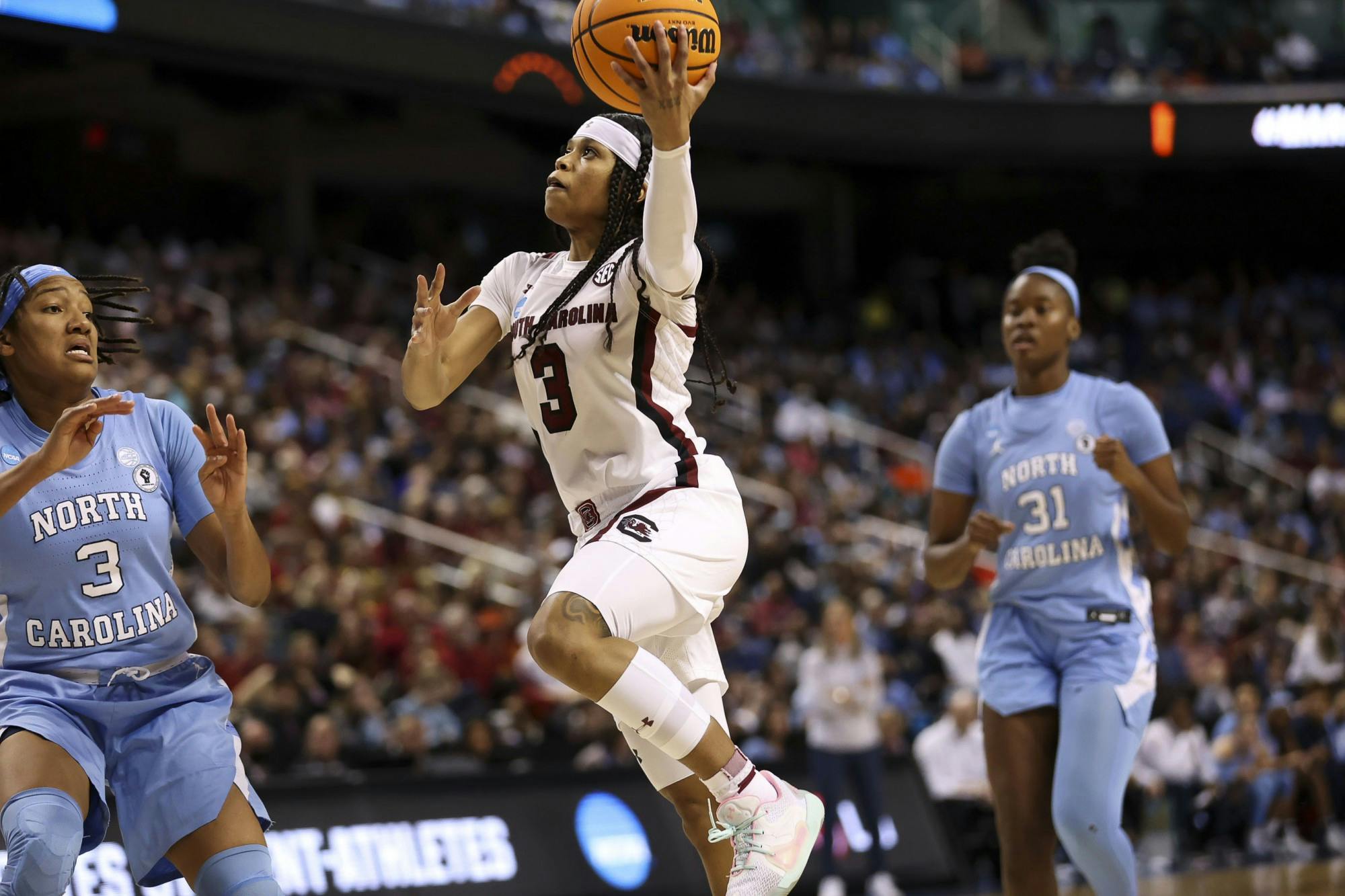 Senior guard Destanni Henderson goes for a layup during the third quarter of South Carolina's 69-61 victory over North Carolina in the Sweet Sixteen on March 25, 2022.