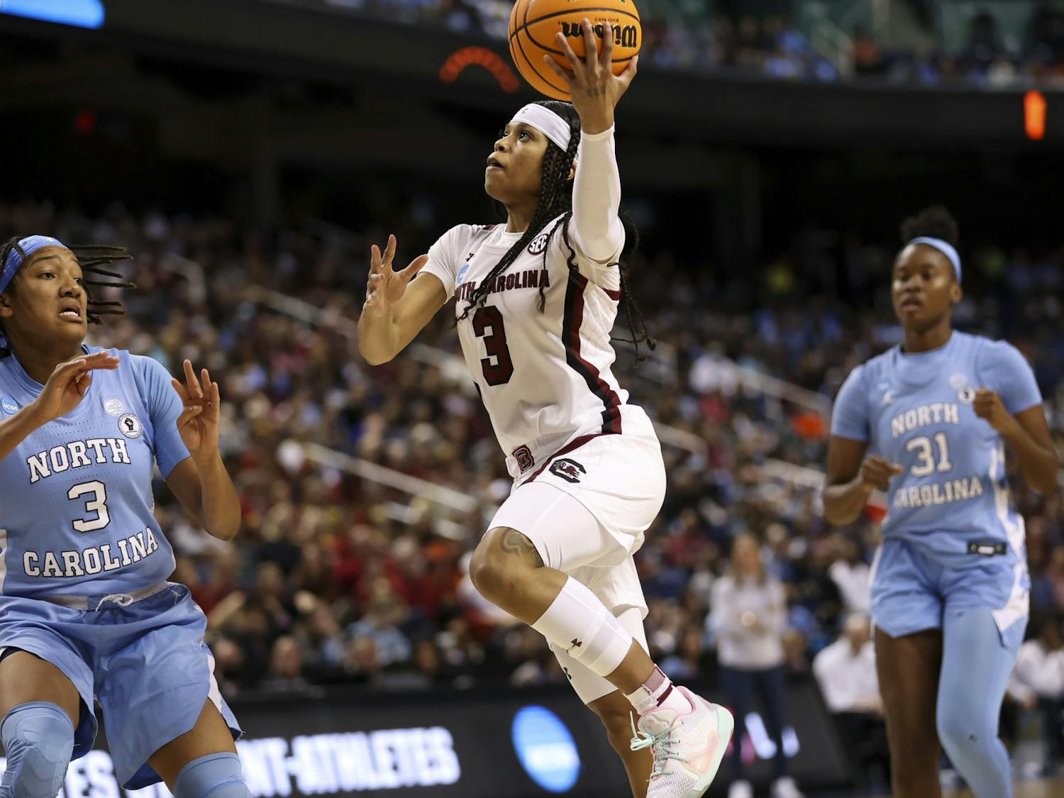 Senior guard Destanni Henderson goes for a layup during the third quarter of South Carolina's 69-61 victory over North Carolina in the Sweet Sixteen on March 25, 2022.