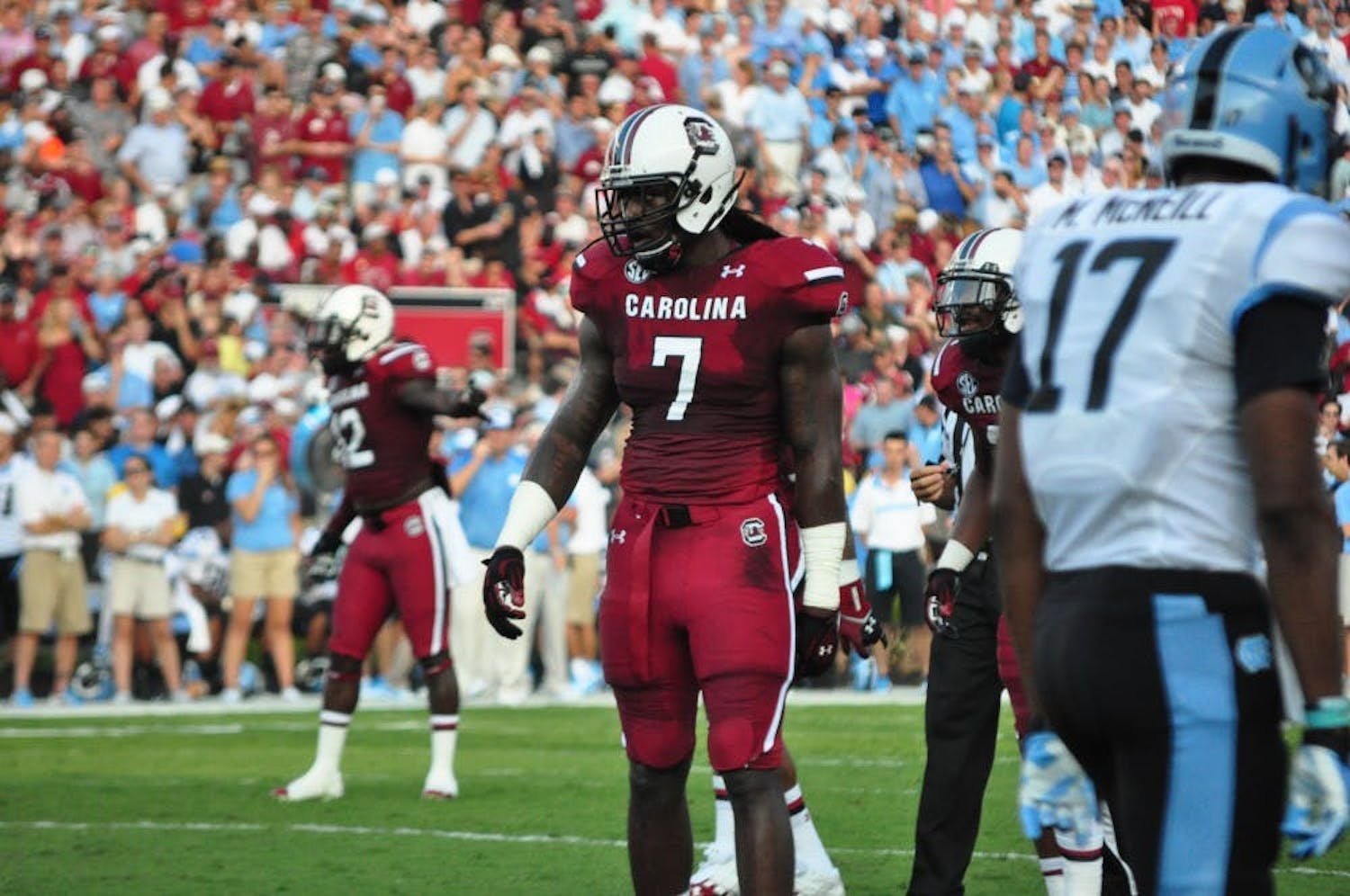 FILE — Junior defensive end Jadeveon Clowney on the field at Williams-Brice Stadium in Columbia, SC. The Gamecocks defeated the Tar Heels on Aug. 30, 2013.