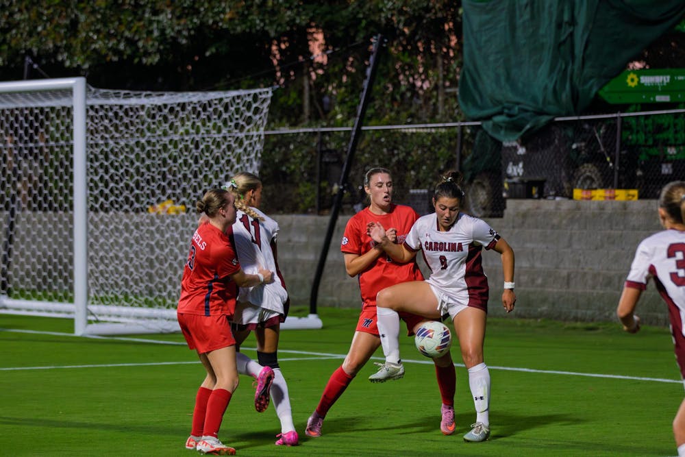 <p>Freshman forward Mackenzie Johnson fought for possession during a game against Ole Miss at Eugene E. Stone Stadium on Sept. 18, 2025. Johnson recorded an assist during the match.</p>